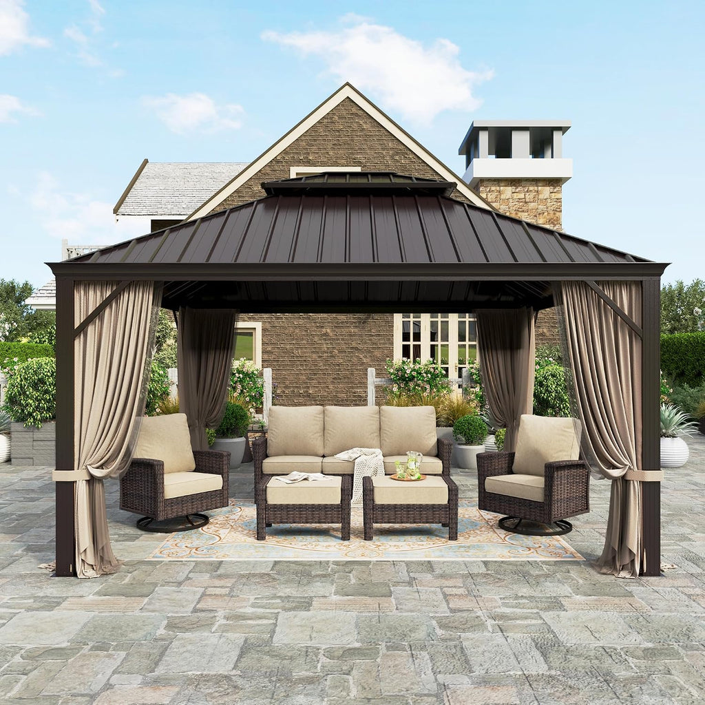HERA'S HOUSE 12x14ft Hardtop Gazebo, Aluminum Metal Gazebo with Galvanized Steel Double Roof Canopy, Curtain and Netting, Permanent Pavilion for Patio Backyard Deck Lawn