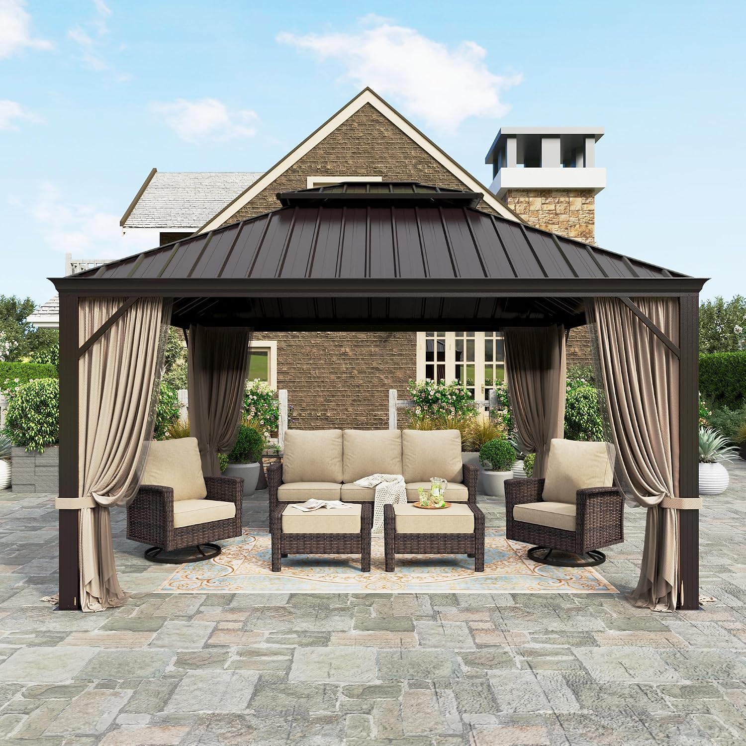 HERA'S HOUSE 12x14ft Hardtop Gazebo, Aluminum Metal Gazebo with Galvanized Steel Double Roof Canopy, Curtain and Netting, Permanent Pavilion for Patio Backyard Deck Lawn
