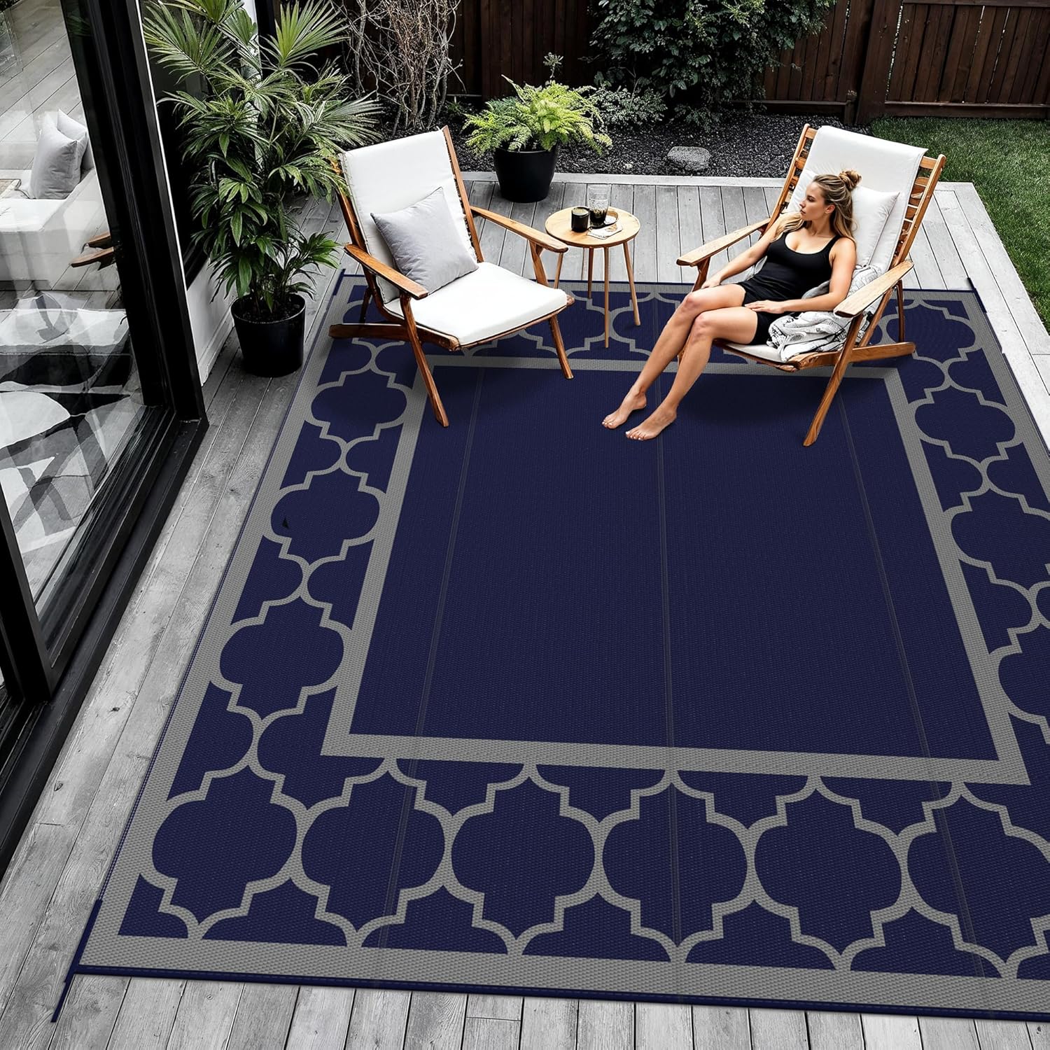GENIMO 10 'x10 ' Outdoor Rug for Patio Clearance, Waterproof Indoor Outdoor Plastic Straw Rugs Carpet, Reversible Outside Area Rv Mat for Camping, Balcony Porch, Deck, Picnic, Beach (Blue & Grey)