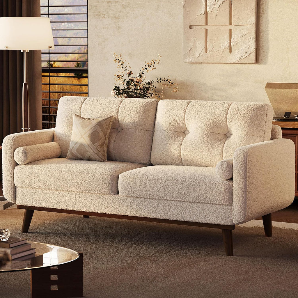 IDEALHOUSE 65' Mid Century Modern Couch Sofa Loveseat, Comfy Love Seat Couches for Living Room, 2 Seater Teddy Fleece Boucle Upholstered Deep Seat Couch for Bedroom Office Small Space, White