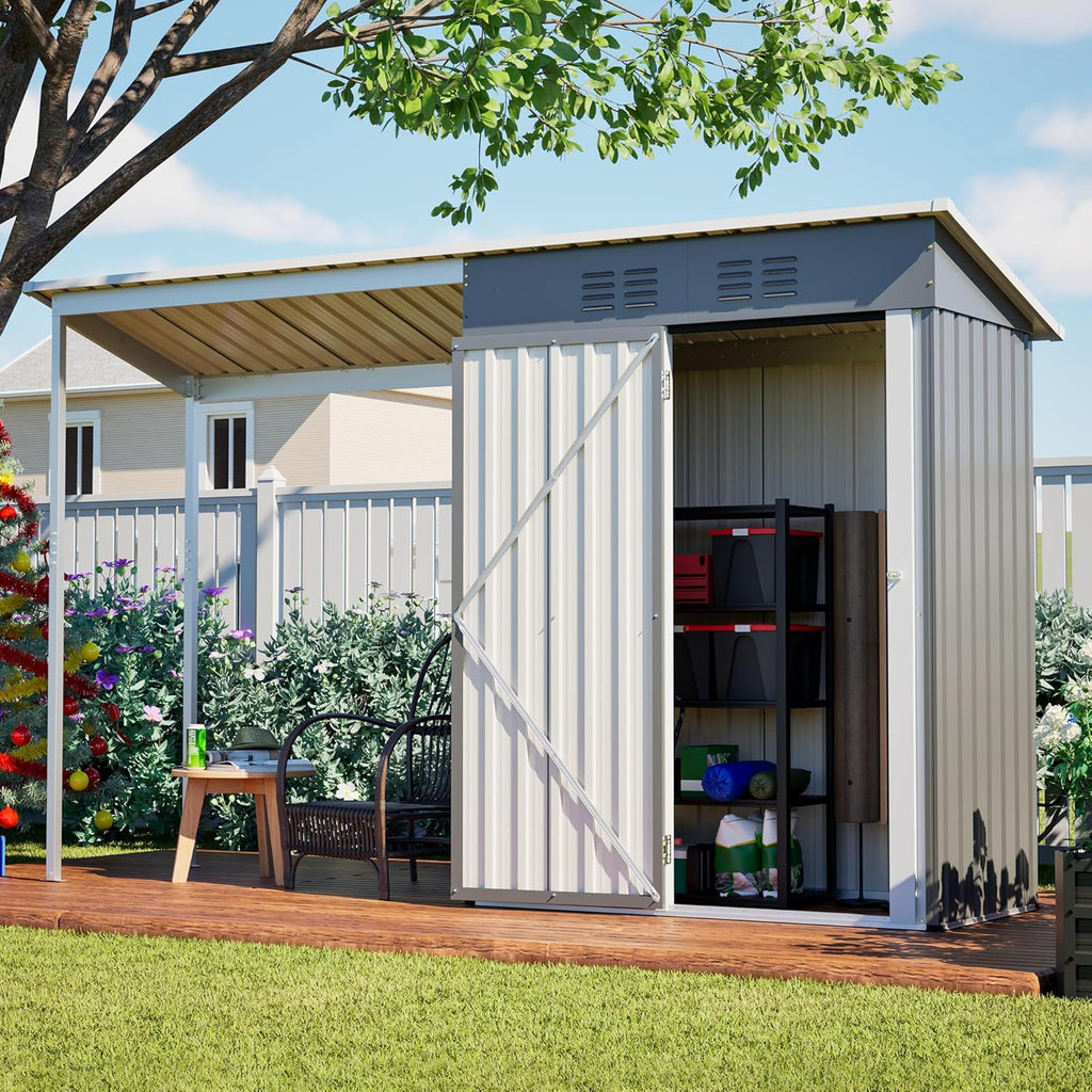 YOPTO 5×3 FT Outdoor Storage Shed & Gazebo Combo,Lean to Metal Tool Shed with Open Pergola,All-Weather 2-in-1 Garden Shed & Gazebo W/Sloping Roof and Lockable Door,for Backyard,Patio,Lawn(Gray)