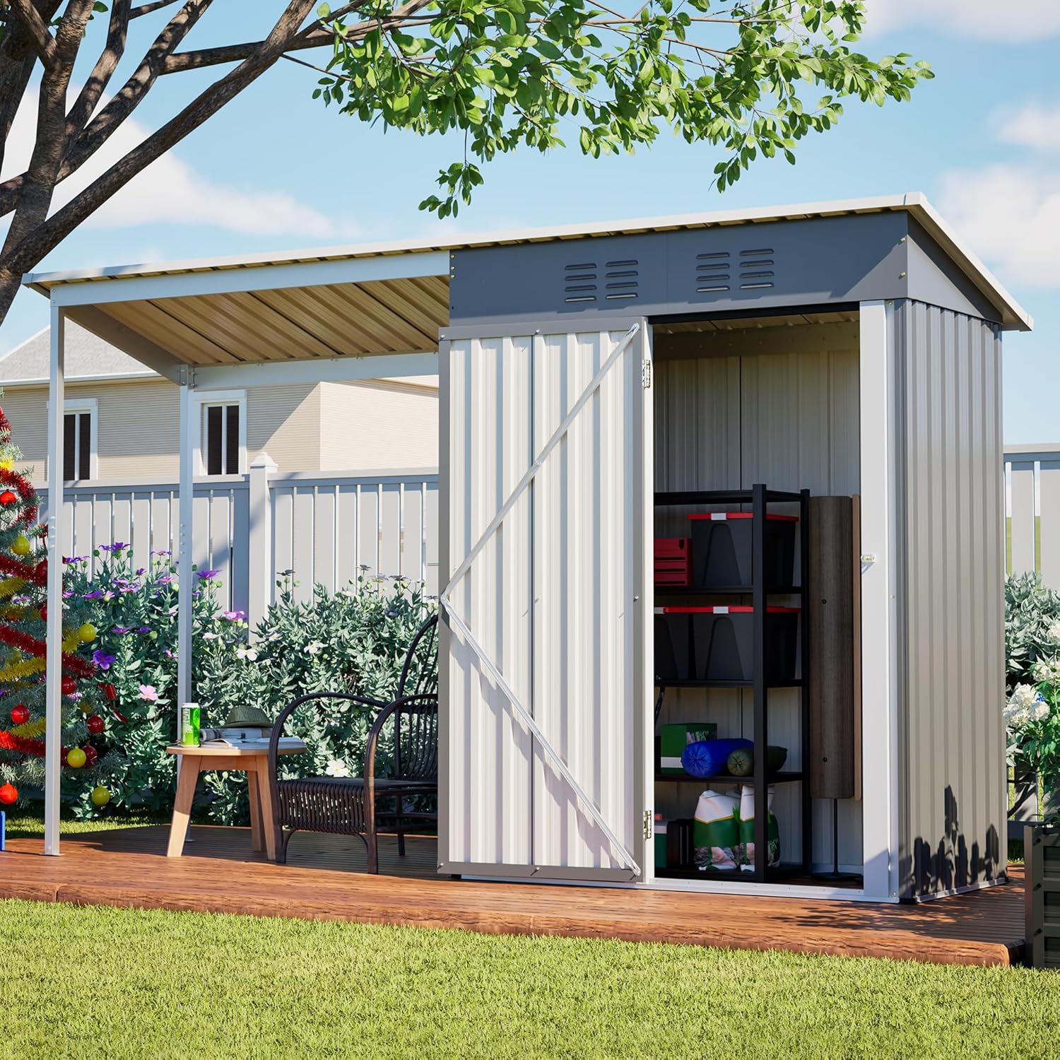 YOPTO 5×3 FT Outdoor Storage Shed & Gazebo Combo,Lean to Metal Tool Shed with Open Pergola,All-Weather 2-in-1 Garden Shed & Gazebo W/Sloping Roof and Lockable Door,for Backyard,Patio,Lawn(Gray)