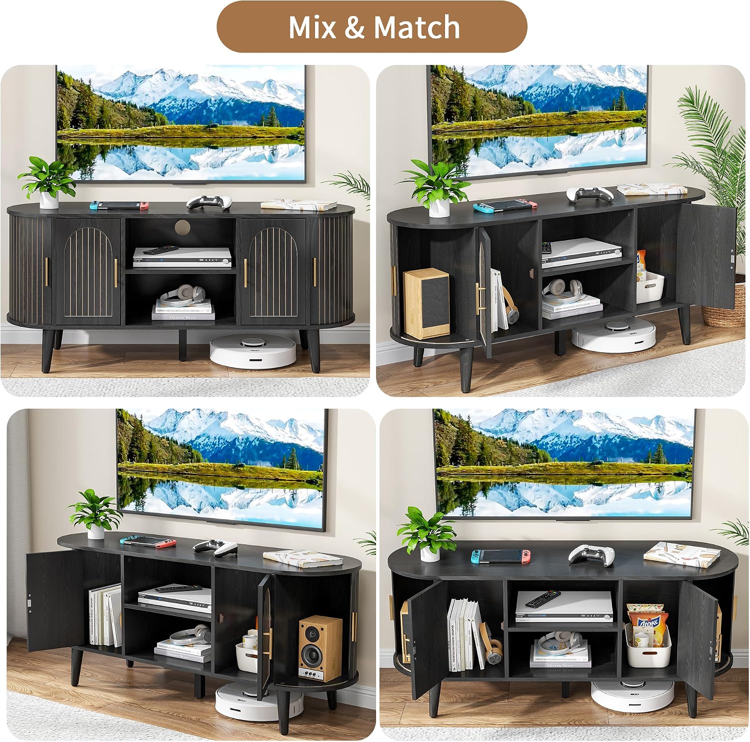 51' Fluted TV Stand, Mid-Century Modern Entertainment Center for Tvs up to 60' with Drawers and Fluted Doors, Curved TV Media Console Table with Sliding Doors for Living Room, Bedroom (51' Black)