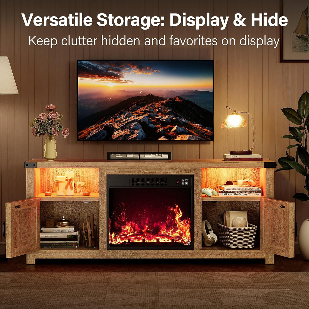 YESHOMY LED Fireplace TV Stand with Mood Lighting, TV Cabinet with Open Shelf, Farmhouse Media Console with Hidden Cable Routing, Entertainment Center for Televisions up to 65+ Inch, Natural Oak