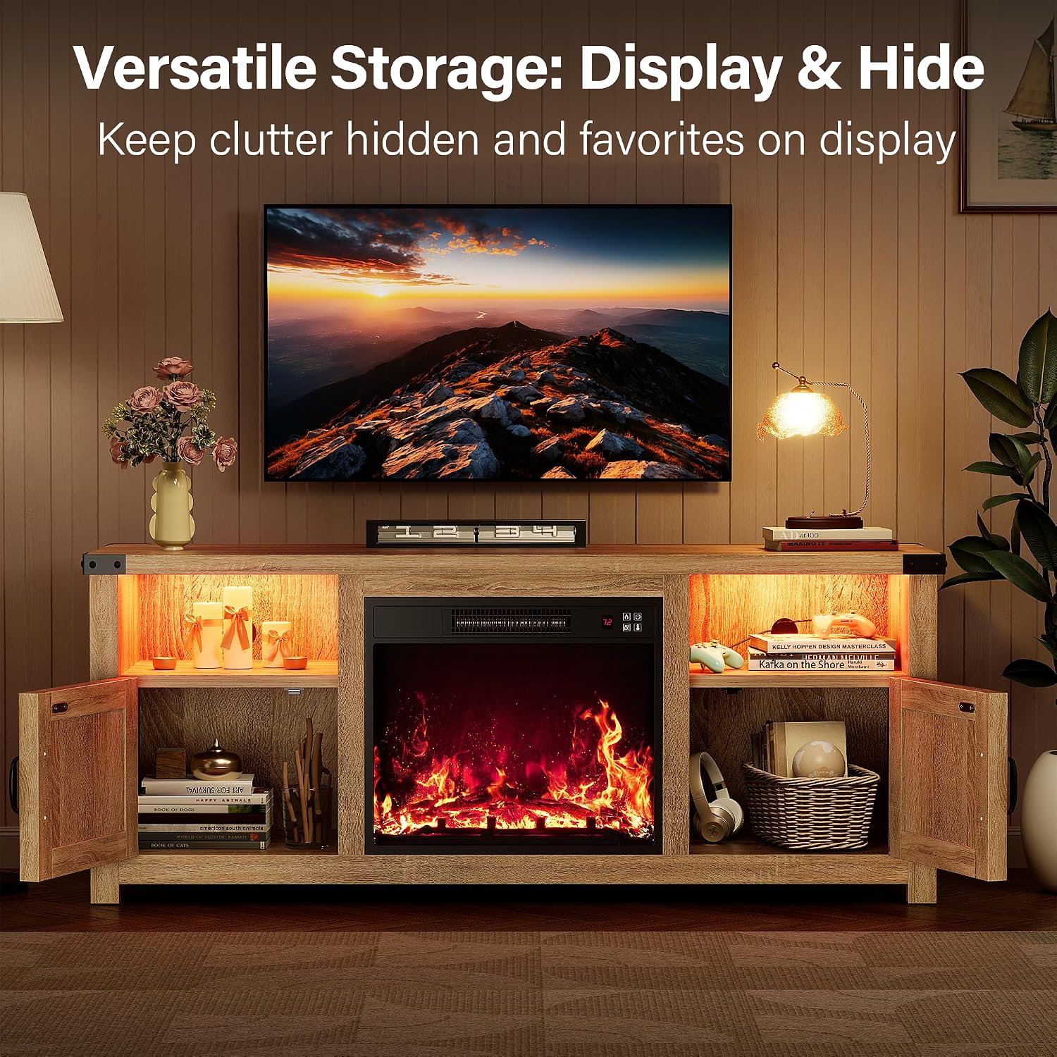 YESHOMY LED Fireplace TV Stand with Mood Lighting, TV Cabinet with Open Shelf, Farmhouse Media Console with Hidden Cable Routing, Entertainment Center for Televisions up to 65+ Inch, Natural Oak