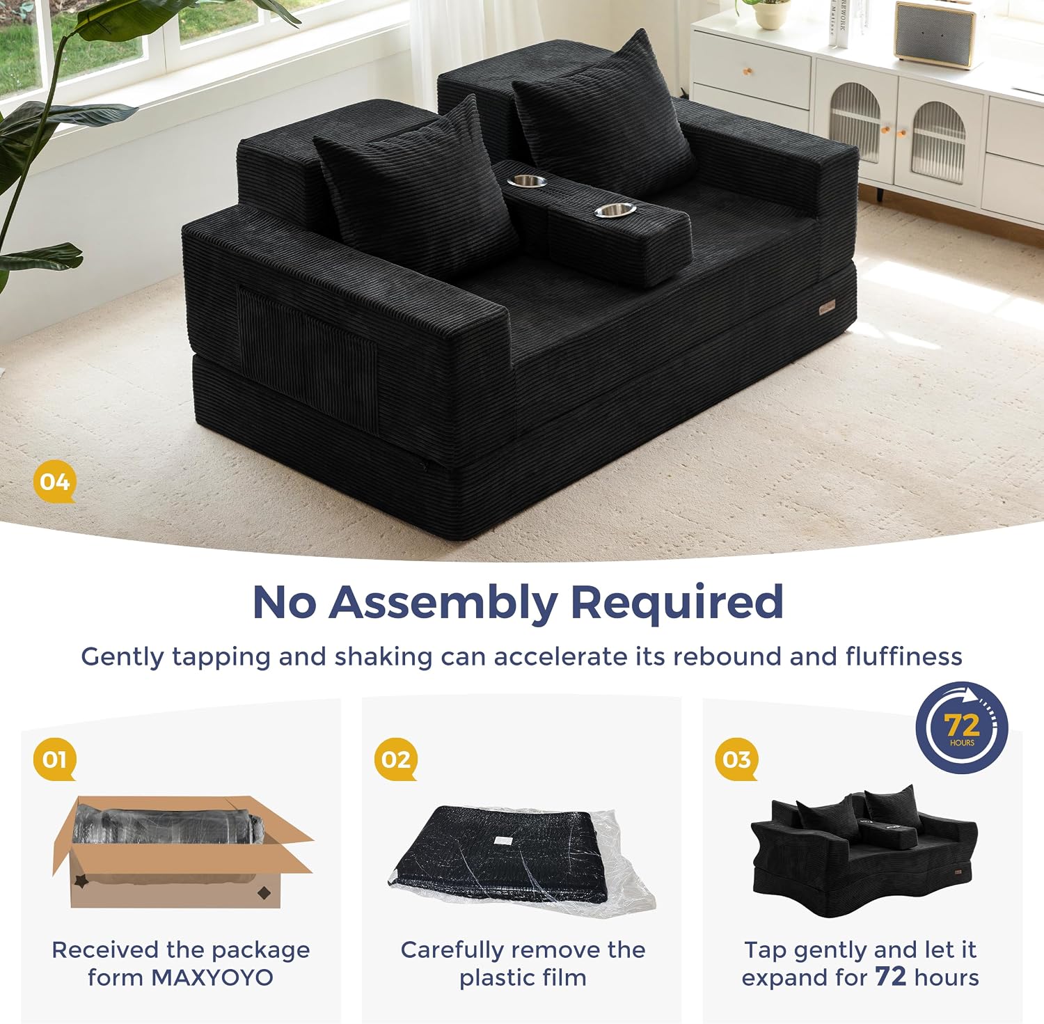 MAXYOYO Loveseat Sofa Bed, 64' Foldable Floor Sofa Couch in A Box with 2 Cup Holders, 4 in 1 Convertible Boneless Couch Folding Recliner Sleeper Chair for Living Room, No Assembly Required, Black