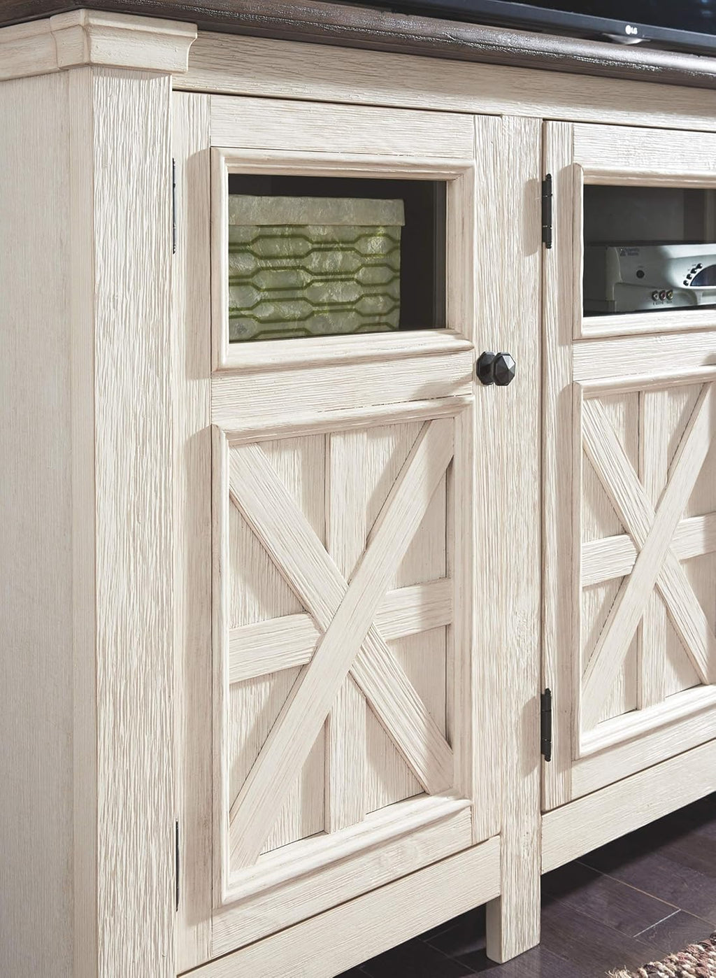 Signature Design by Ashley Bolanburg Extra Large TV Stand, Fits TVs up to 72', 3 Cabinets, Adjustable Storage Shelves, 74.13', Whitewash & 2-Tone Finish