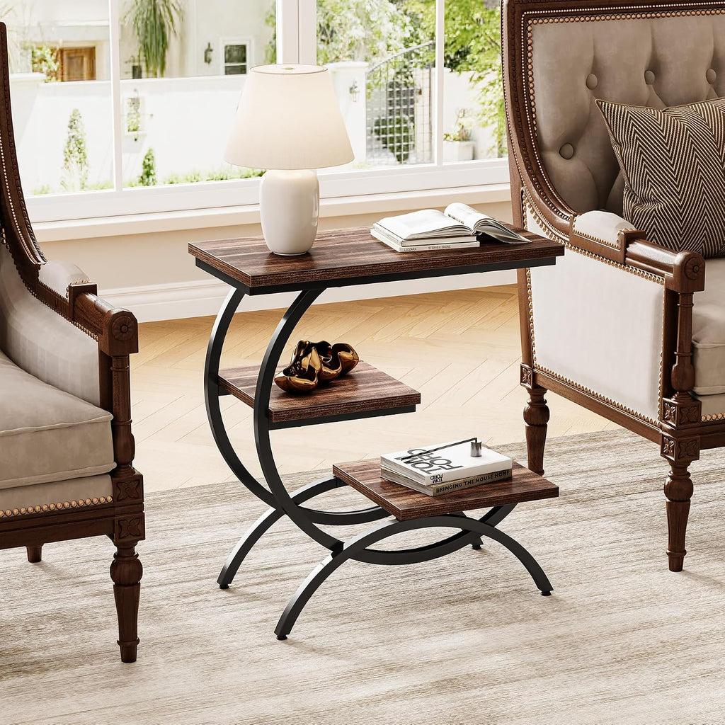 LITTLE TREE End Table Set 2, Narrow End Table with 3 Storage Shelves, Industrial C-Shaped Small Sofa Side Table for Living Room, Wood Slim Snack Table with Black Metal Frame, Rustic Brown