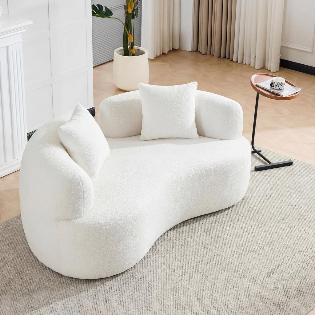 67'Curved Loveseat Sofa for Living Room, Deep Seat Love Seat Couch with 2 Throw Pillows, Modern Loveseat Adopt Teddy Fabric, Suitable Small Spaces The Cloud Loveseat, No Assembly Needed, White