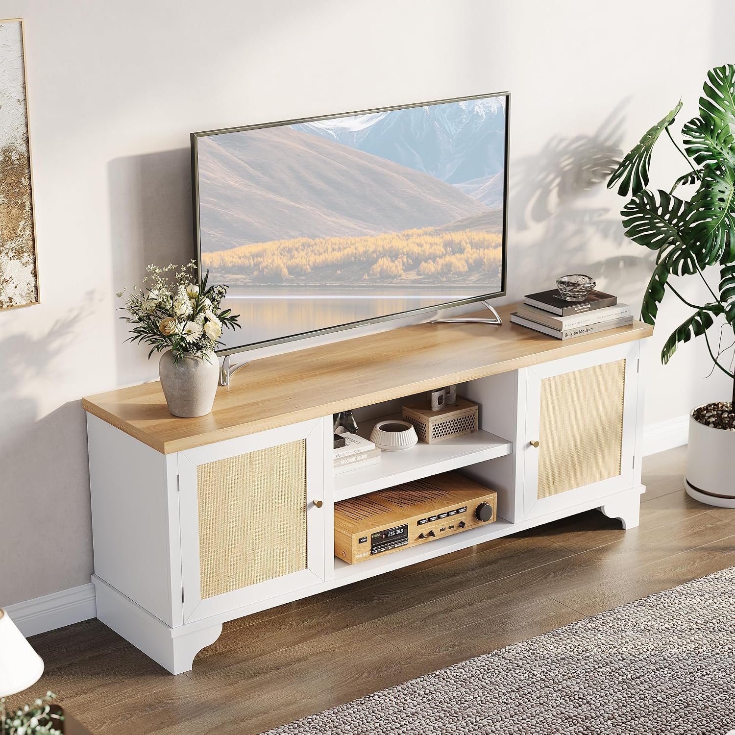 GarveeHome Rattan TV Stand for 65 in TV, Boho Entertainment Center with Cabinets & Open Shelves, Wooden Media Console Table for Living Room, White