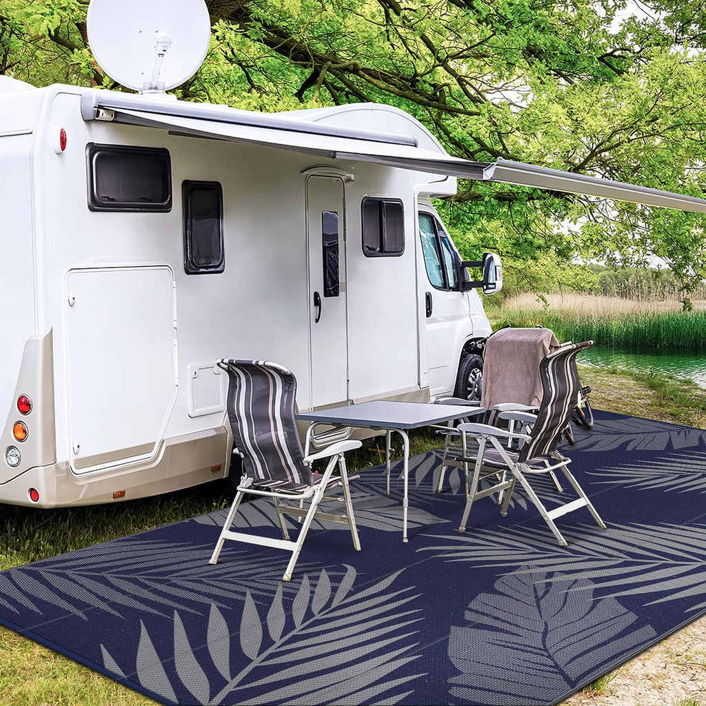 GENIMO Outdoor Rug 9' x 18' Waterproof for Patios Clearance, Reversible Outdoor Plastic Straw Camping Rug Carpet, Large Area Rugs Mats for RV, Camper, Deck, Balcony, Porch, Beach, Navy Blue&Grey