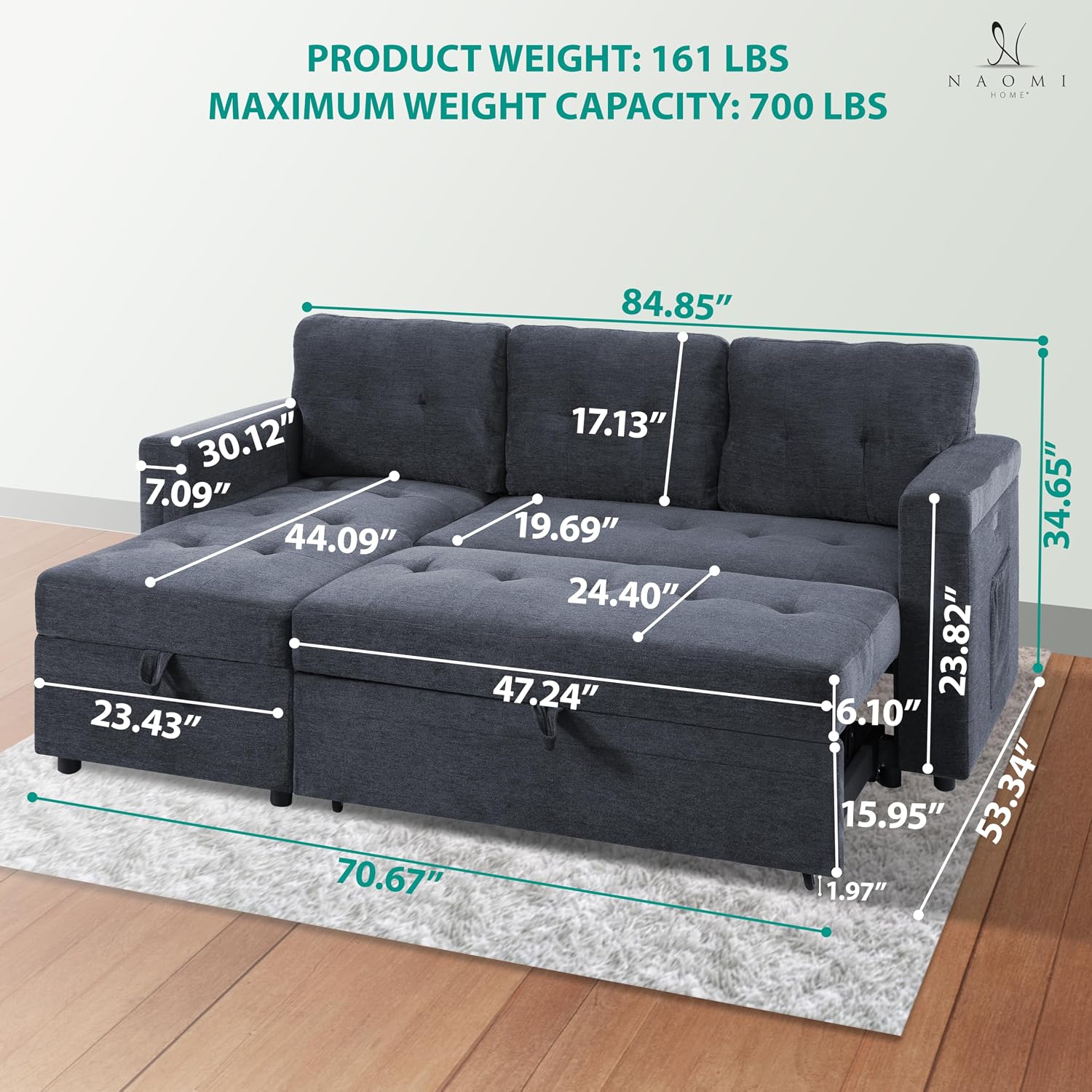 Naomi Home L-Shaped Sectional Sleeper Sofa with USB Ports - Convertible Pull-Out Bed, Ample Storage, Timeless Design, Durable Construction Gray/Microfiber