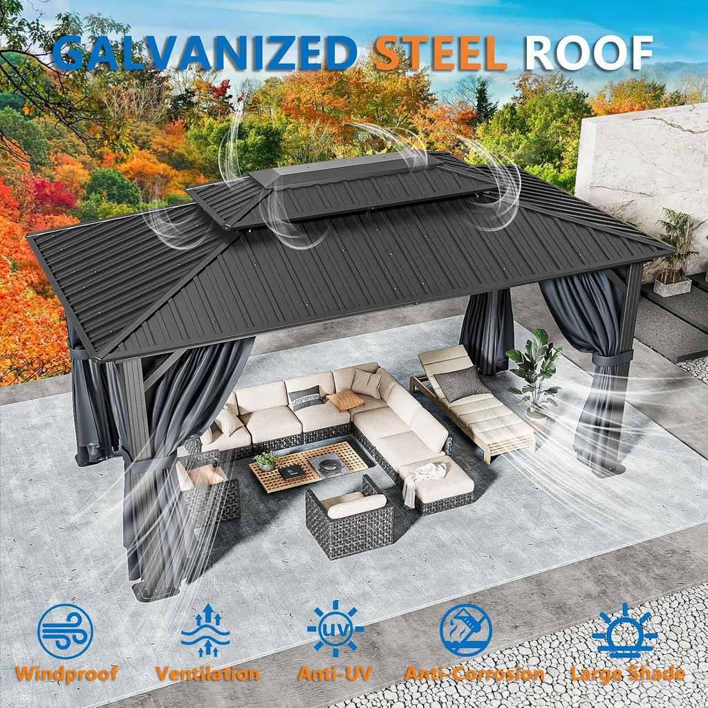 HOTEEL 10x15 Hardtop Gazebo On Clearance with Heavy Duty Galvanized Steel Metal Roof, Patio Hard Top Gazebo with Curtains & Netting,Outdoor Permanent Hot tub Gazebo Pavillon for Backyard,Deck,Black