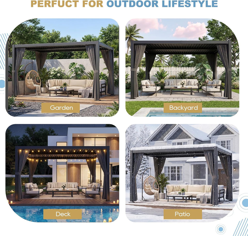 10' ×13' Aluminum Louvered Pergola, Outdoor Pergola with Curtains & Netting, Outdoor Hardtop Gazebo with Adjustable Roof, All-Weather Metal Pergola for Patio, Garden, Deck (Black with Curtain)