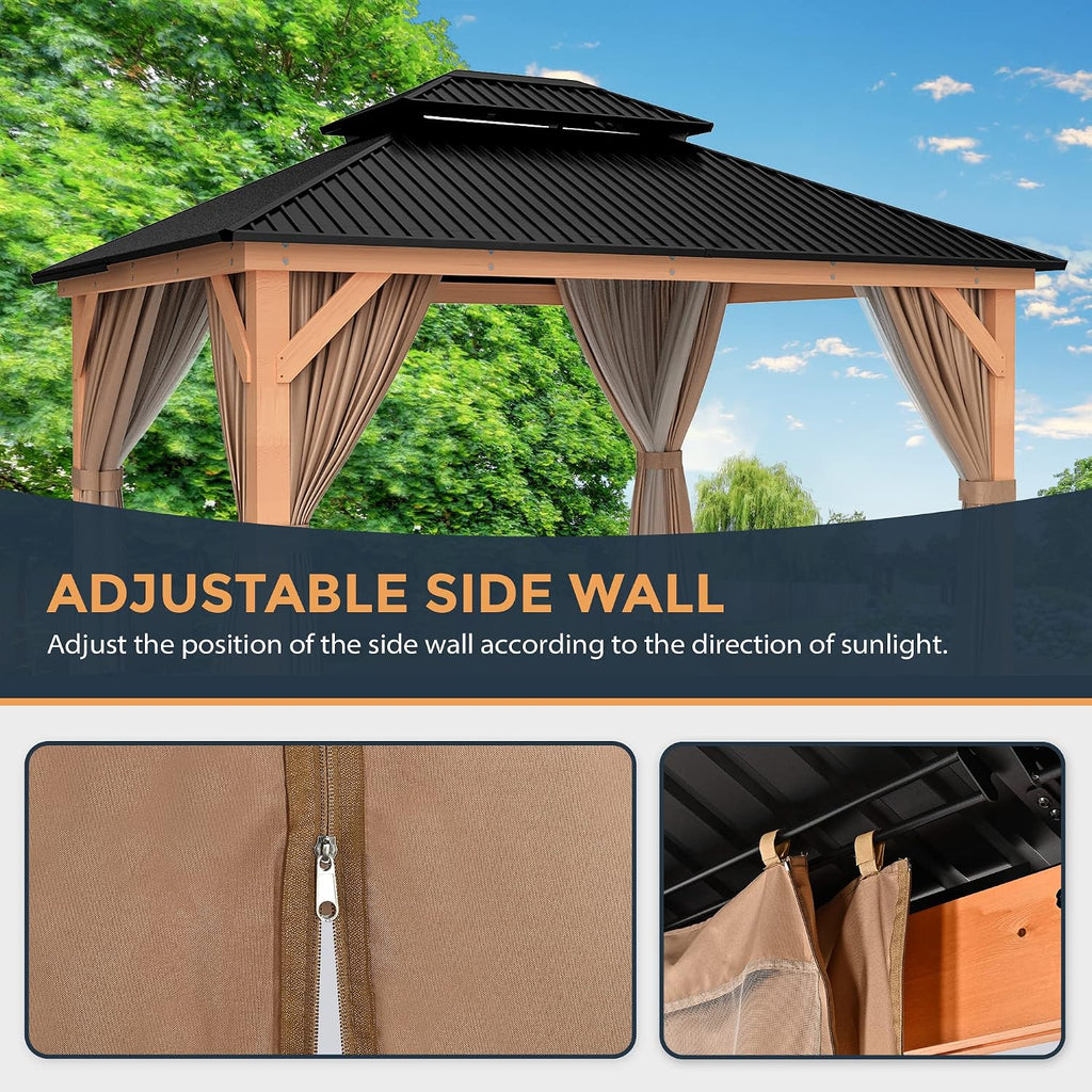 HAPPATIO 11' × 13' Wood Gazebo, Outdoor Hardtop Gazebo with Mosquito Netting and Curtains, Double Metal Roof Patio Hard Top for Garden, Patio, Deck, Parties (Brown)