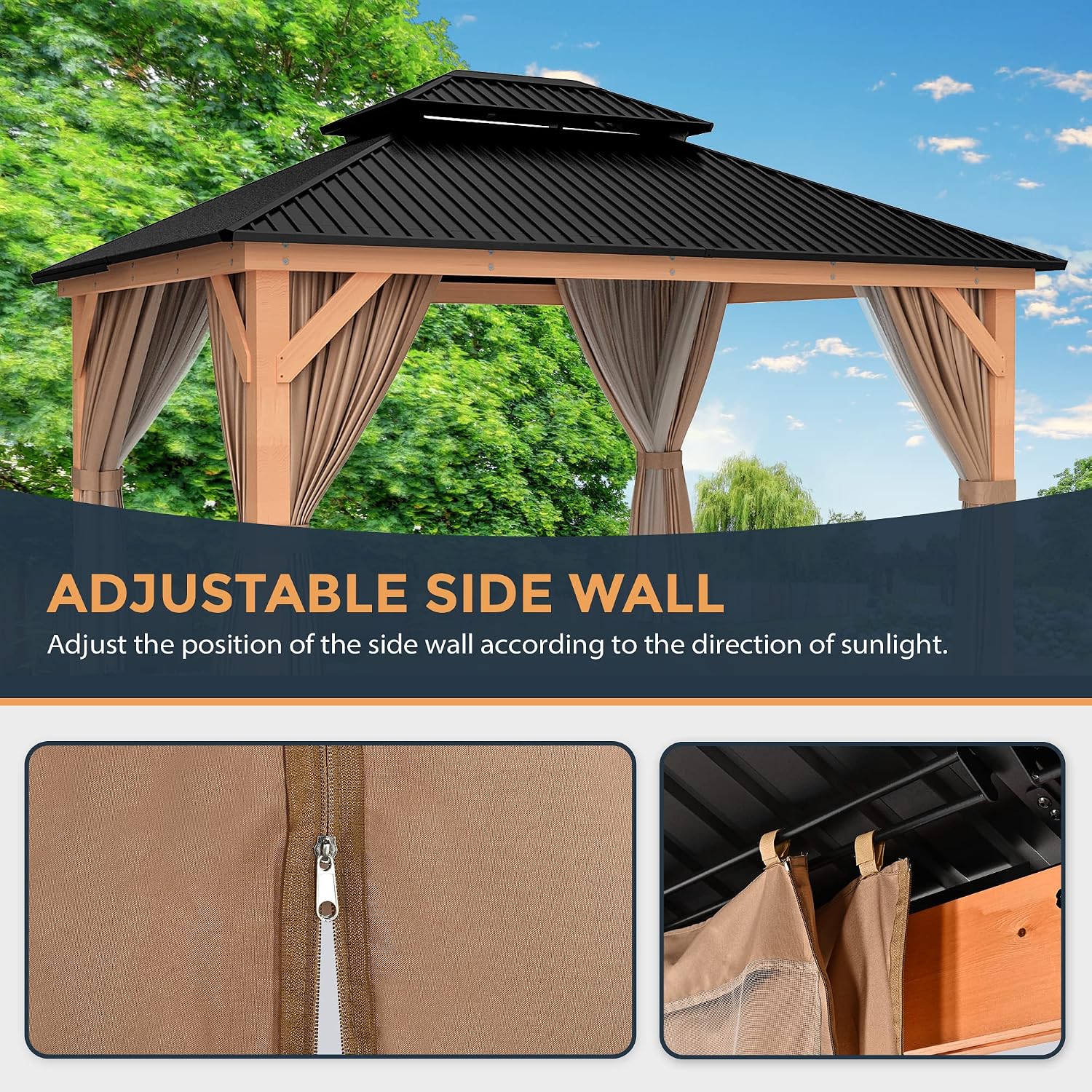 HAPPATIO 11' × 13' Wood Gazebo, Outdoor Hardtop Gazebo with Mosquito Netting and Curtains, Double Metal Roof Patio Hard Top for Garden, Patio, Deck, Parties (Brown)