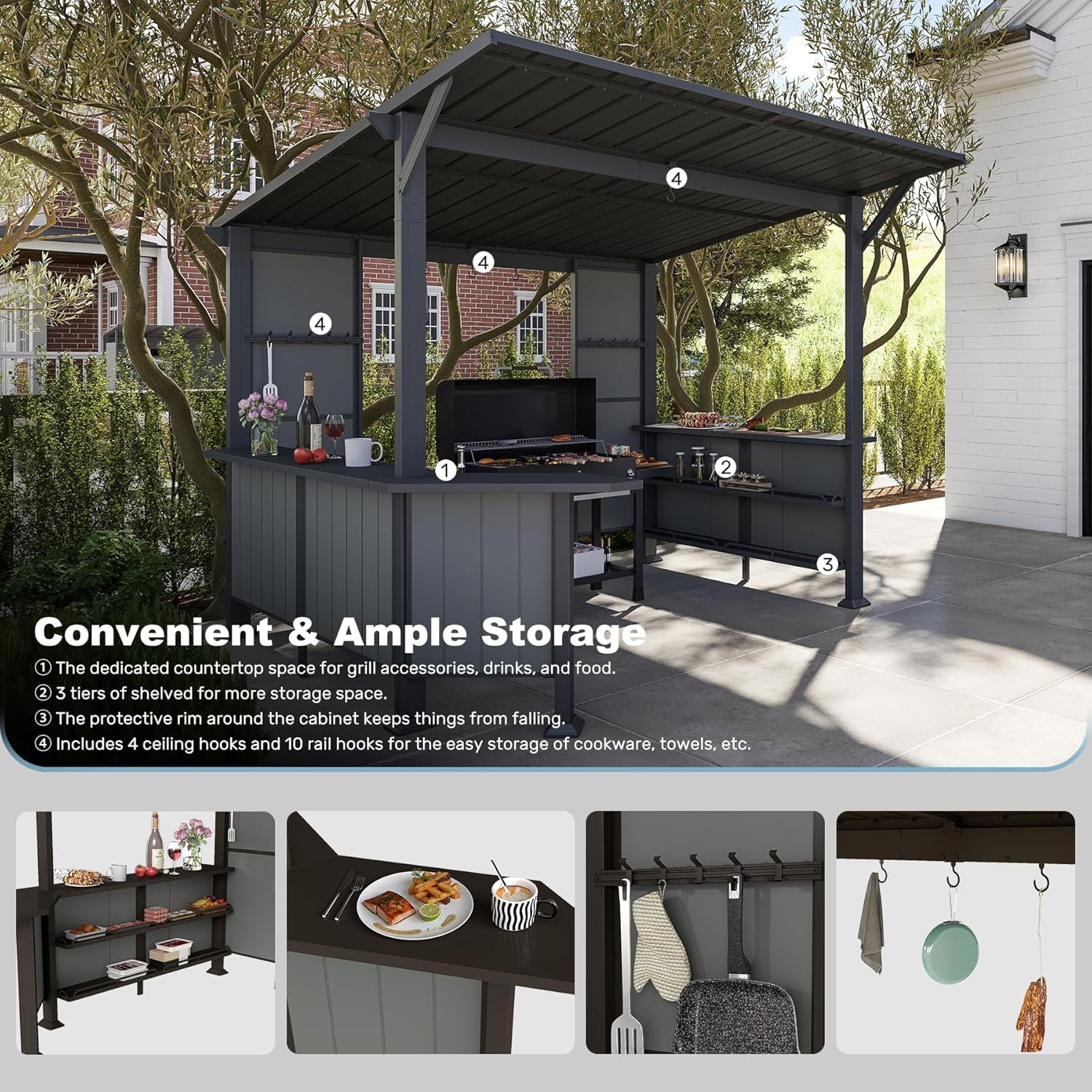 Domi 9x10FT Grill Gazebo Hardtop, BBQ Gazebo for Outdoor Grill with Storage Shelves and Expansion Platform, Metal Permanent Lean-to Canopy for Patio Backyard Lawn, Grey