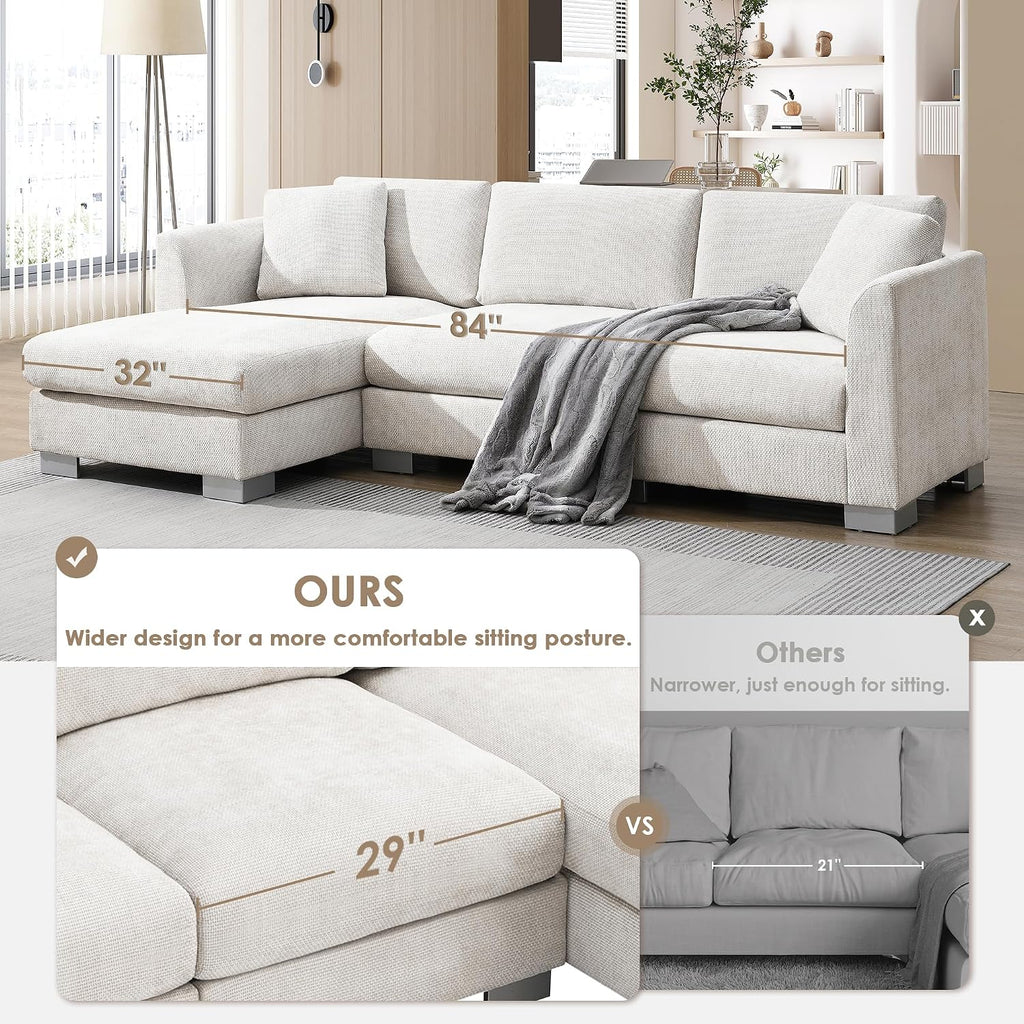 Merax Modern Chenille Sectional Sofa with Oversized Chaise, L-Shaped Couch with 2 Free Pillows, 4-Seat Sleeper Lounge for Living Room, Apartment,Office Minsk Gray