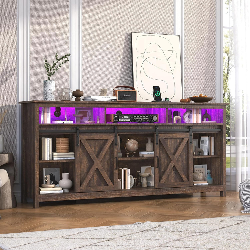 jiteentarou Farmhouse TV Stand for 80/75 Inch TV with Power Outlet, LED Entertainment Center with Storage and Sliding Barn Doors, Wood Media Console for Living Room, Brown