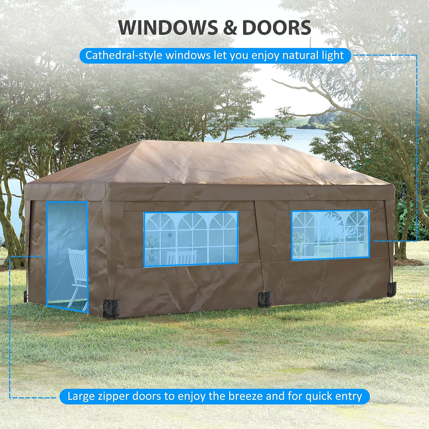 Outsunny 10' x 19.5' Pop Up Canopy with Sidewalls, UPF 30+ Height Adjustable Large Party Tent Event Shelter with Sandbags and Wheeled Carry Bag for Garden, Patio, Brown