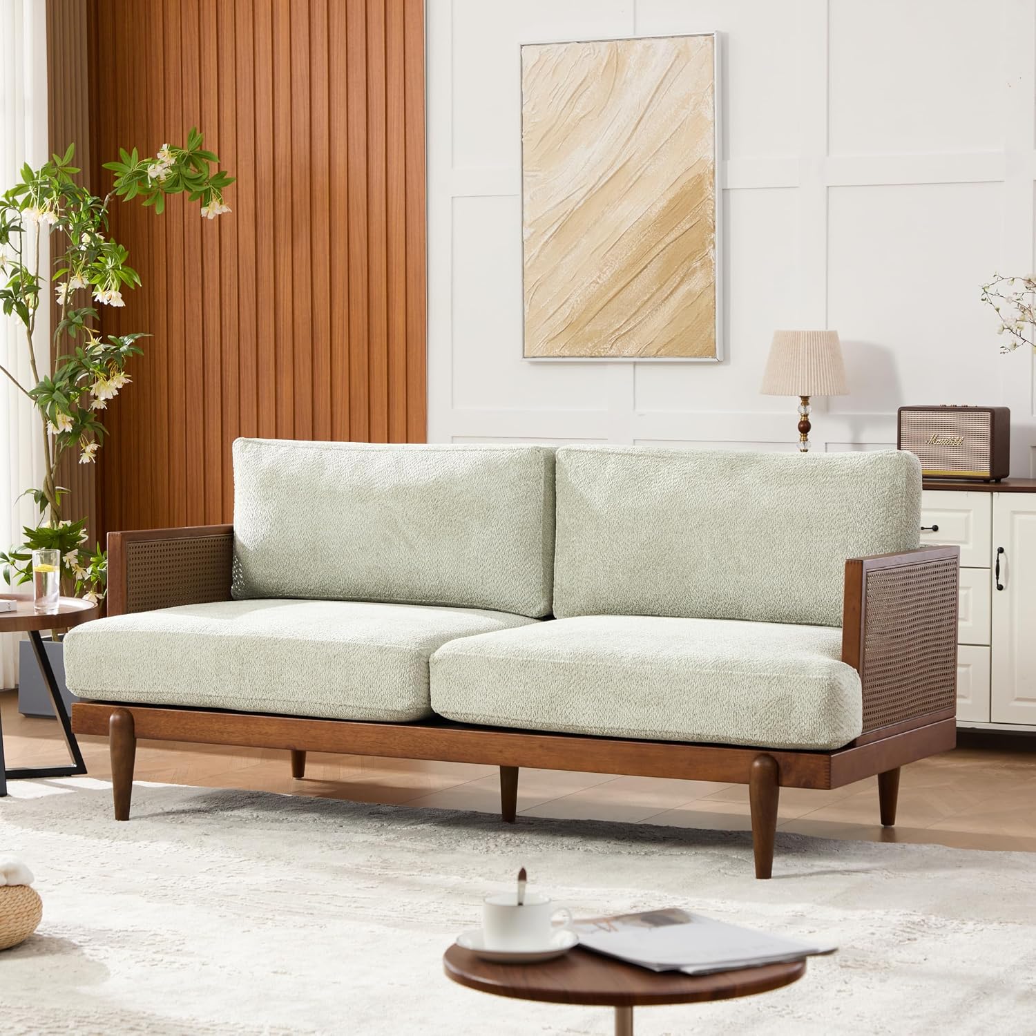 Christopher Knight Home Emir Modern 3 Seater Sofa Couch, Wooden Home Sofa Living Room, Spacious Seating for Bedroom, Home Office, Comfy Cloud Couch, Walnut + Light Green