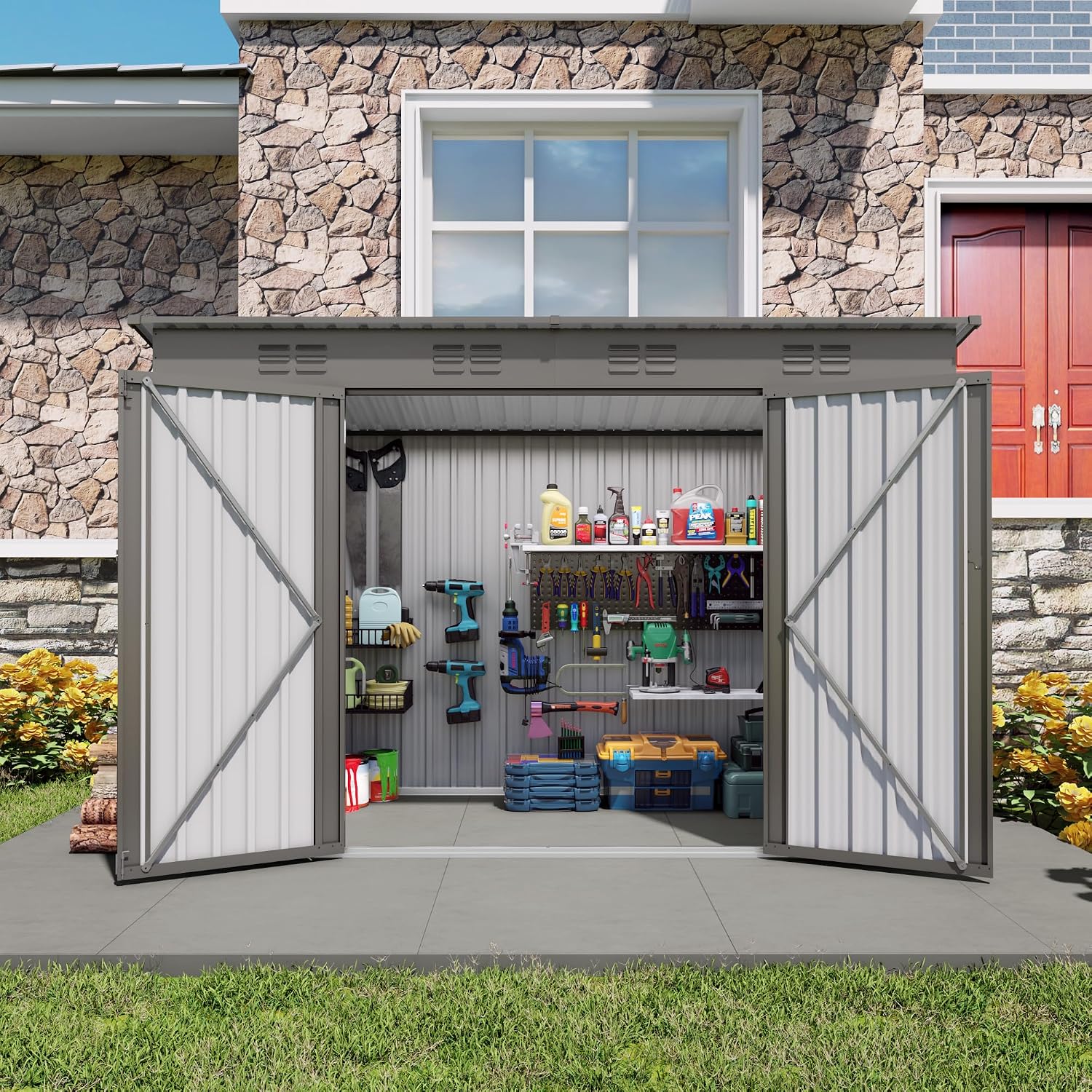 4 x 9 FT Outdoor Storage Shed, Lean-to Metal Storage Shed for Backyard Patio Garage,Sloped Roof Corner Fit, Center Sliding Double Doors, 6 Vents, Galvanized Steel Tool House, Weather-Resistant Gray