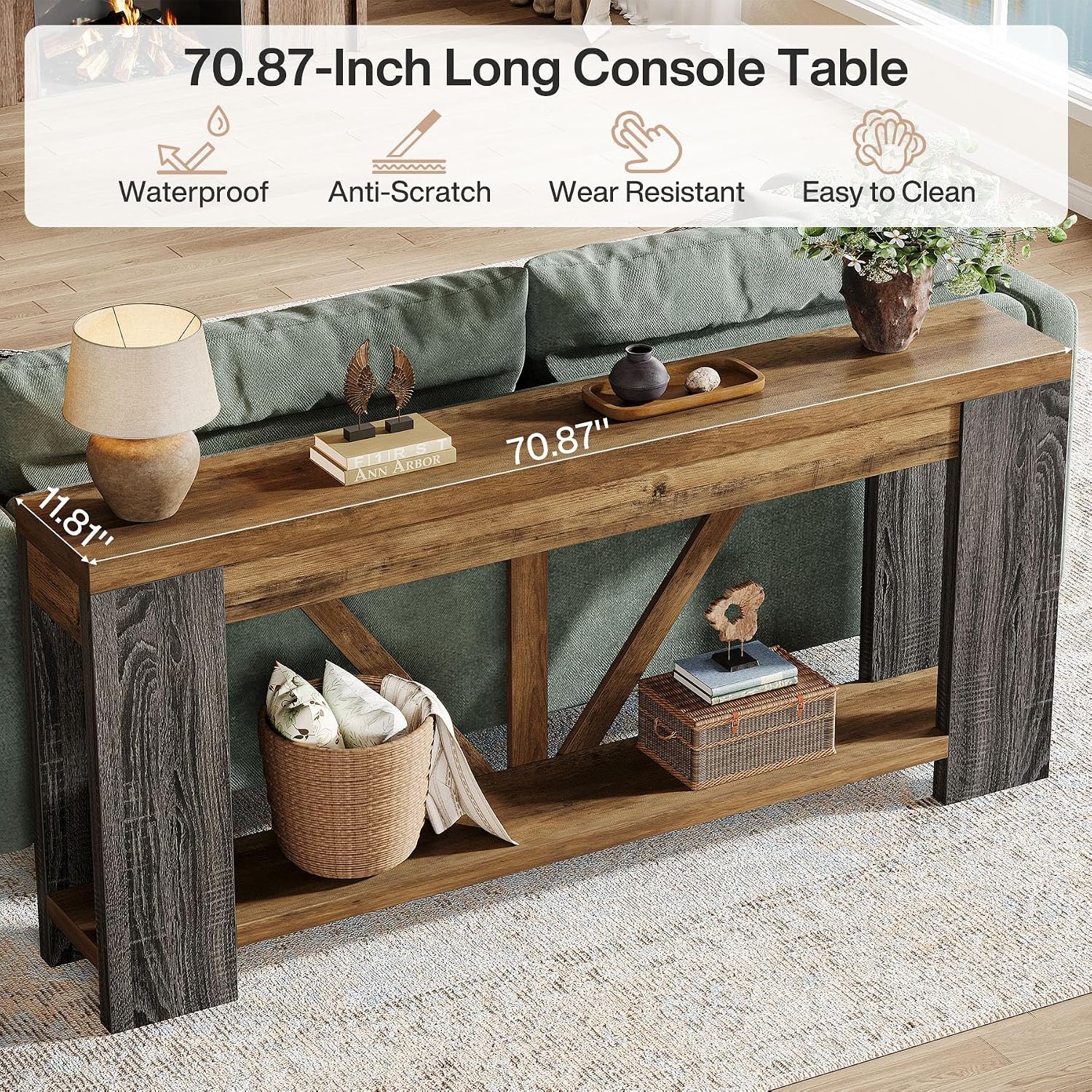 Tribesigns 70.9' Narrow Long Console Table, 2-Tier Farmhouse Entryway Table with Storage Shelf, Rustic Sofa Table Behind Couch for Hallway, Foyer, Living Room, Rustic Brown&Grey