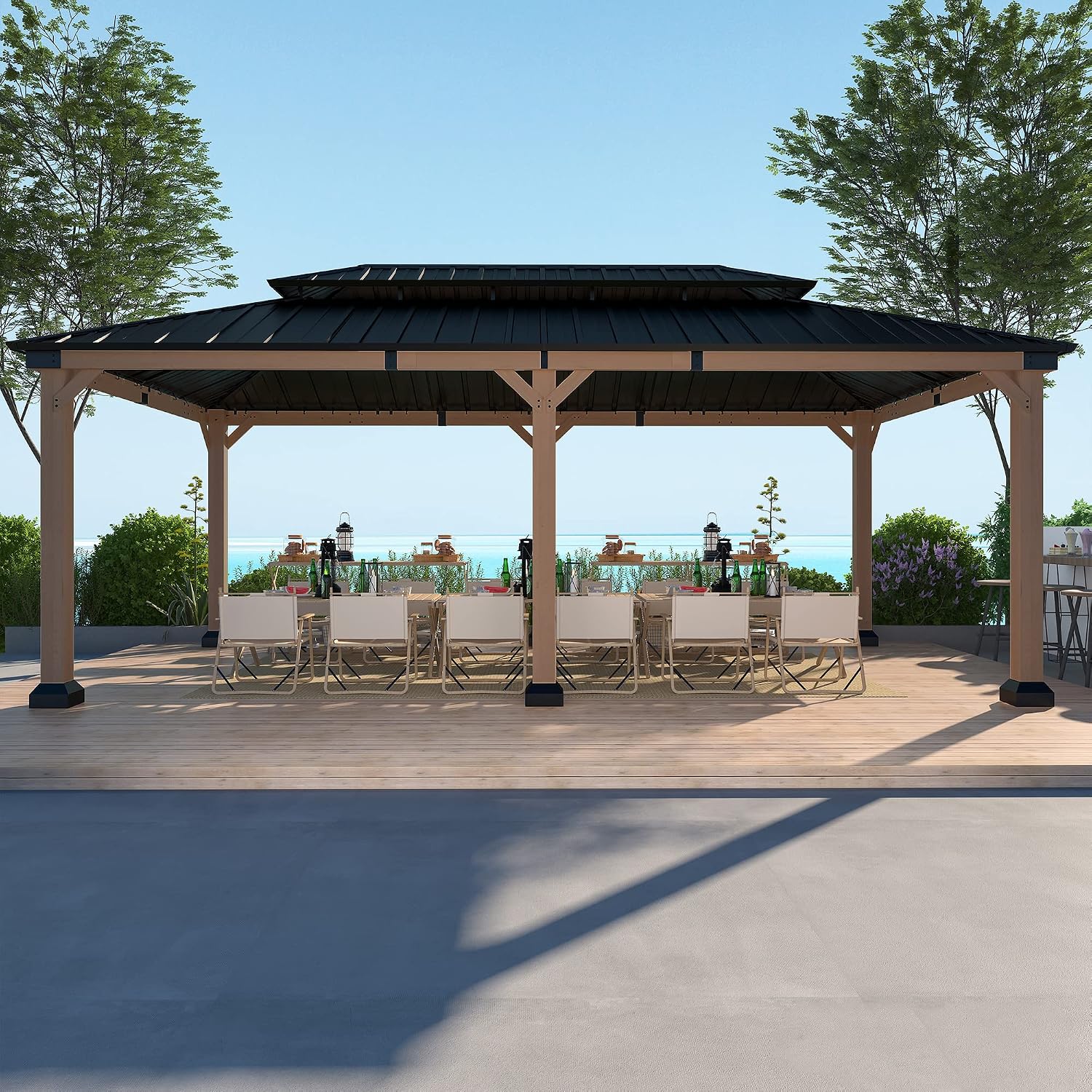 Cedar Wood Gazebo 12x20Ft Hardtop Gazebo, Outdoor Permanent Gazebo Pergola with Galvanized Steel Double Roof Pavilion for Patio Lawn Garden - Beverly Hills Serie