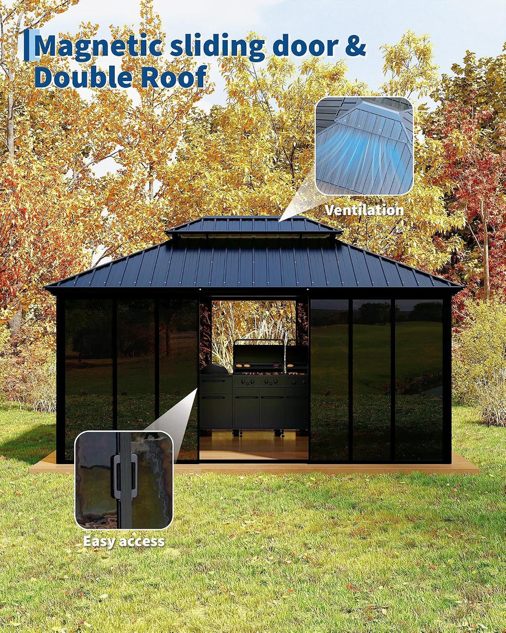 Garvee 12x16 ft Hardtop Gazebo Sunroom, Enclosed Gazebo with Floor-to-Ceiling Sliding Doors, All-Aluminum Alloy Frame, Screen Outdoor Room Solarium for Backyard, Patio, and Deck