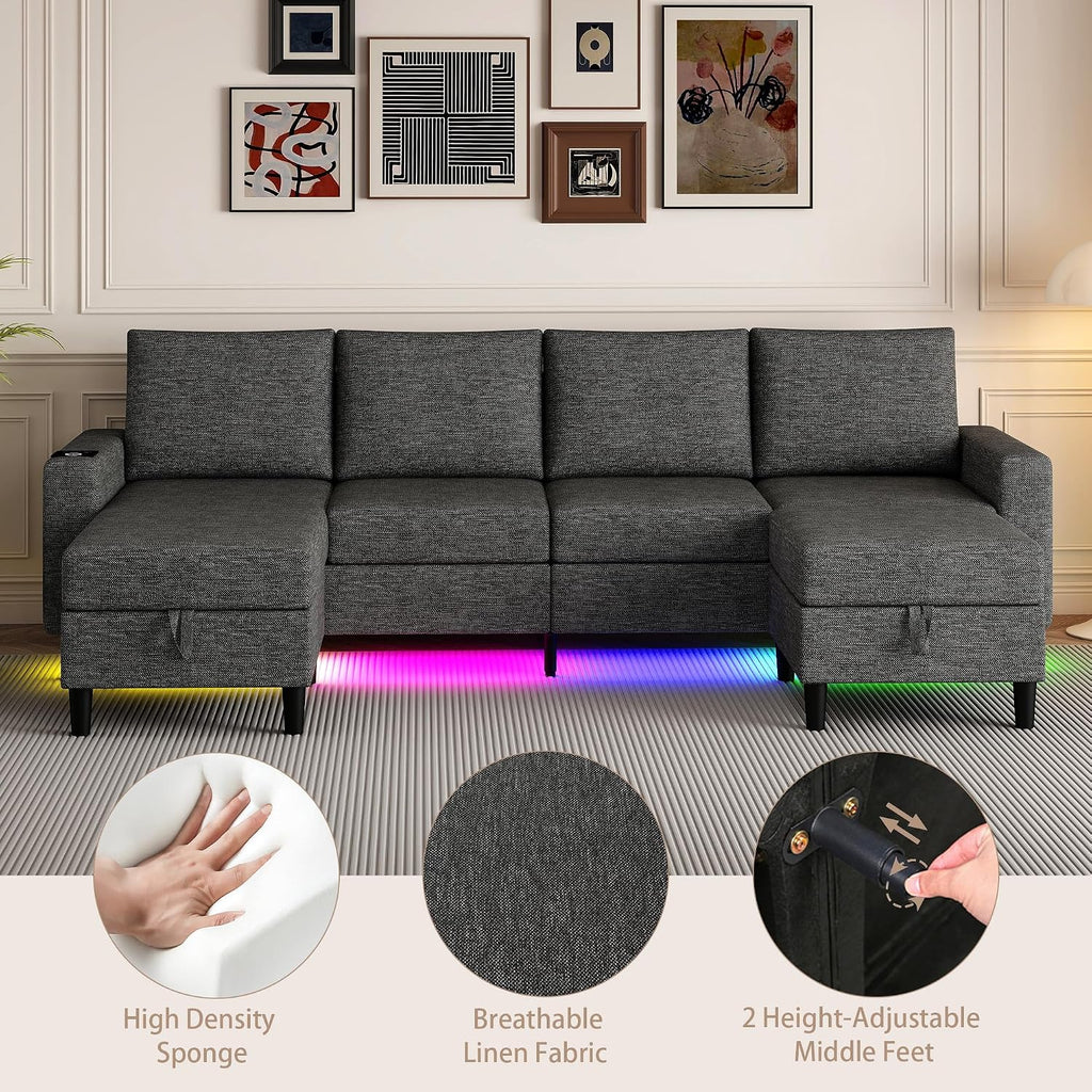 Sectional Couches for Living Room, 4 Seat Sectional Sofa with Smart Module-Wireless Charging/USB/Type-C/RGB Light, U Shaped Couch with Reversible Chaise Lounge/Storage Ottoman (Dark Grey)