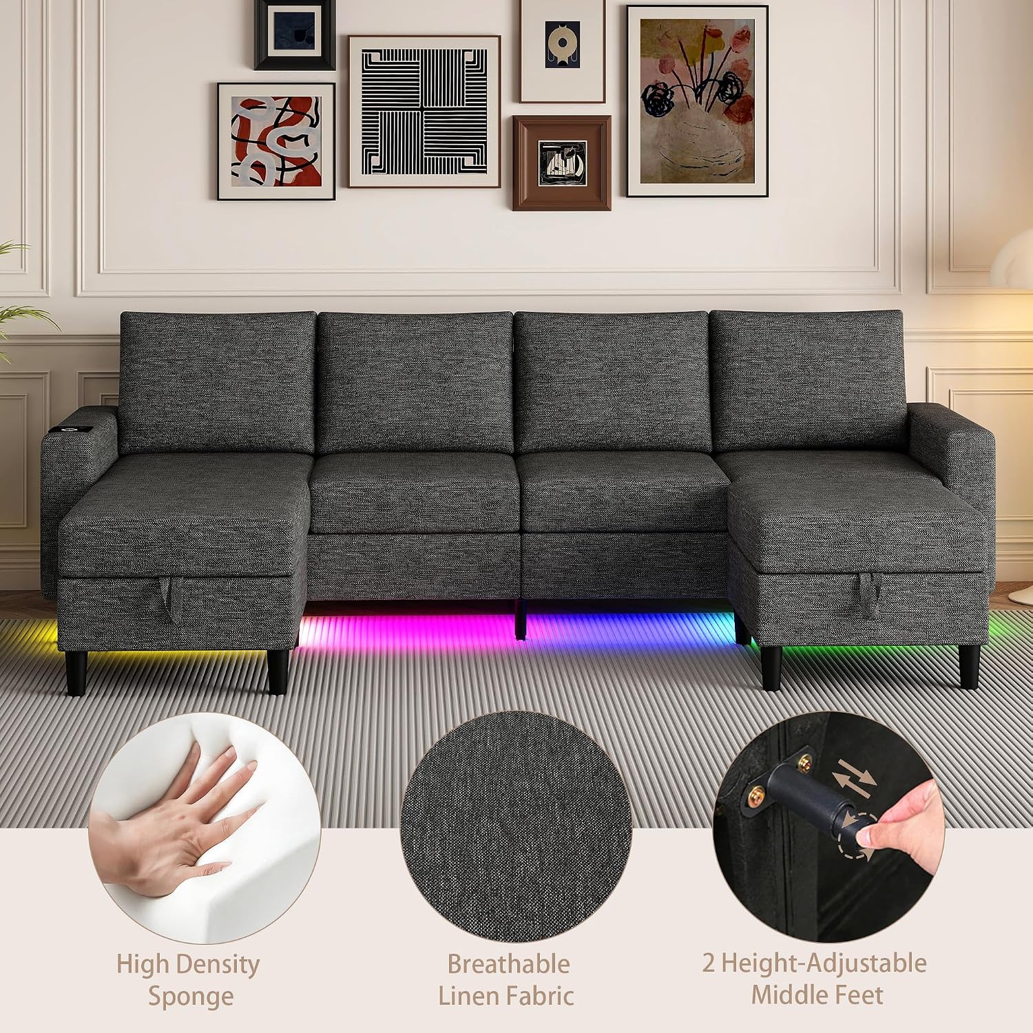 Sectional Couches for Living Room, 4 Seat Sectional Sofa with Smart Module-Wireless Charging/USB/Type-C/RGB Light, U Shaped Couch with Reversible Chaise Lounge/Storage Ottoman (Dark Grey)