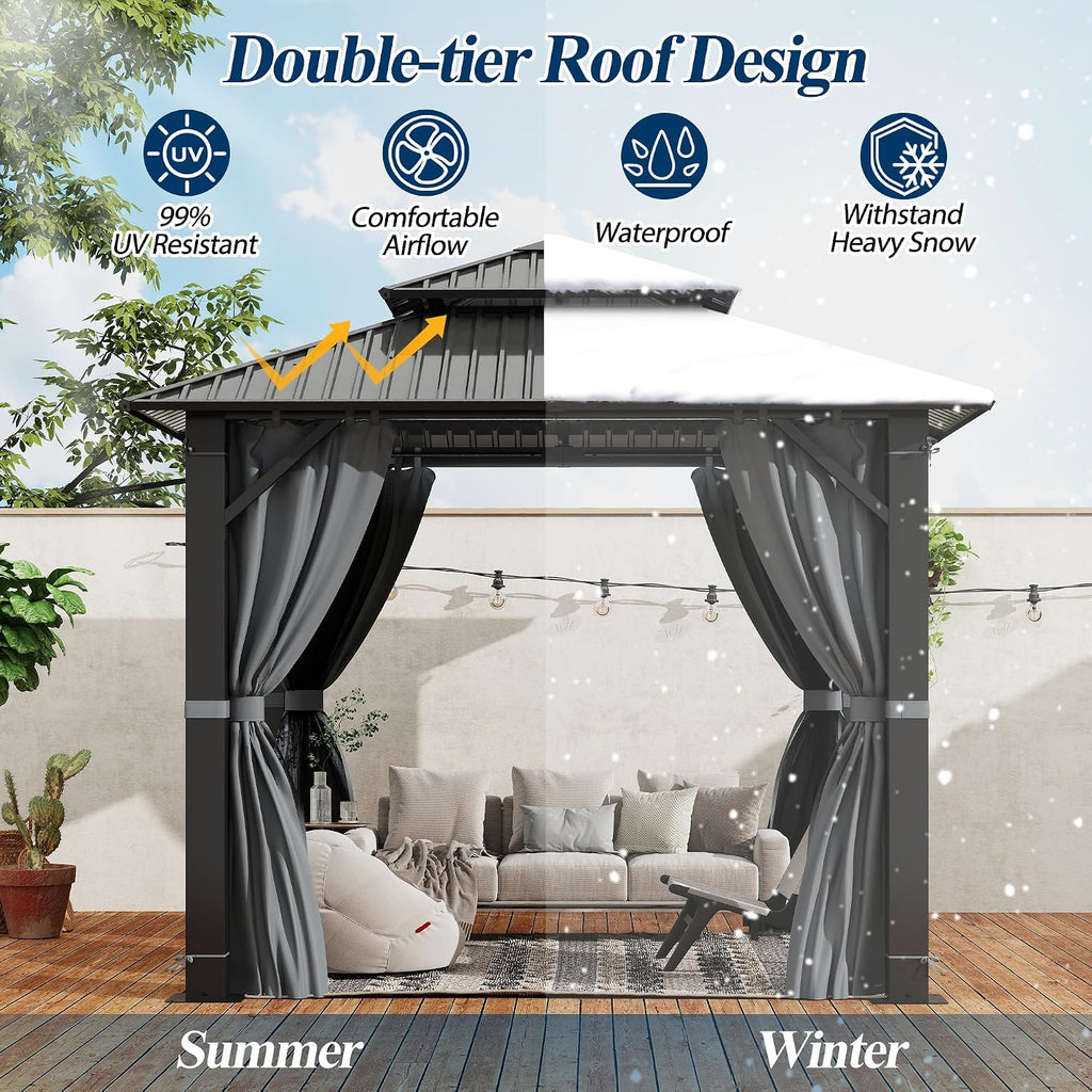 COVERONICS 8.5' x 8.5' Outdoor Hardtop Gazebo - Aluminum Heavy-Duty Double Roof Vented Gazebo with Breathable Netting & Privacy Curtains for Patio, Porch, Garden, Lawn