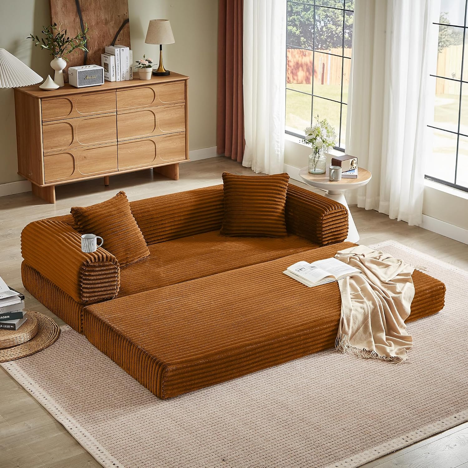 Boneless Couch Futon Sofa Bed Sectional Couches for Living Room,Cloud Couch with Sleeper Sofa,Sofas for Living Room Oversized Corduroy Upholstered (Orange, 76 Inches (No Iron Frame))