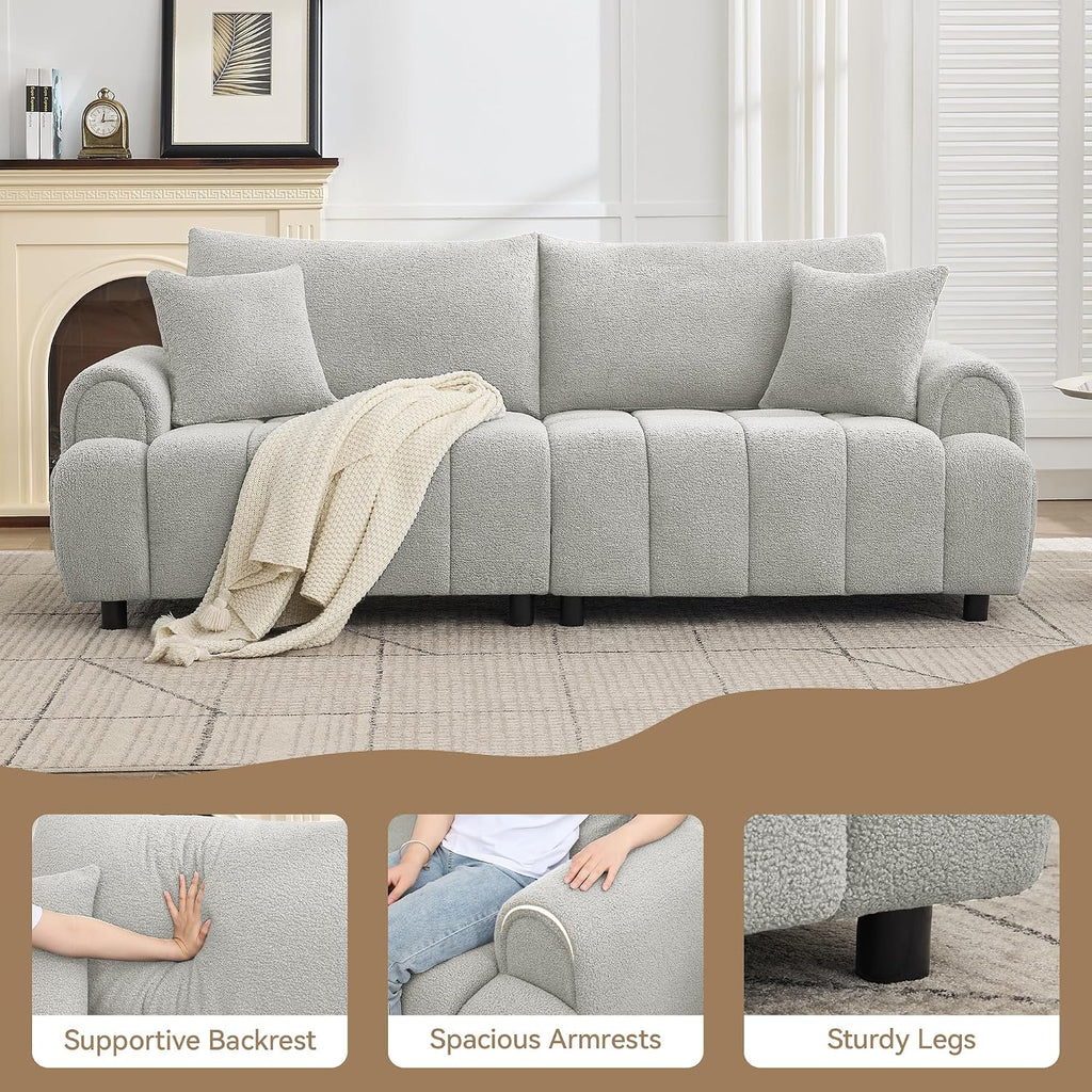 88 'Modern Boucle Sofa Couch, Oversized Comfy 3 Seater Sherpa Curved Sofas Deep Seat, Upholstered Loveseat Teddy Round Arm Couches for Living Room, Bedroom, Light Grey