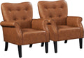 Yaheetech Modern Armchair, Mid Century PU Leather Accent Chair with Sturdy Wood Legs and High Back for Small Space, Upholstered Club Sofa for Living Room/Bedroom, Set of 2, Retro Brown