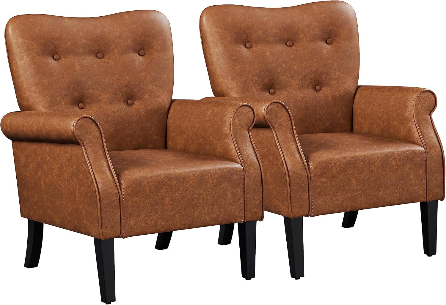 Yaheetech Modern Armchair, Mid Century PU Leather Accent Chair with Sturdy Wood Legs and High Back for Small Space, Upholstered Club Sofa for Living Room/Bedroom, Set of 2, Retro Brown