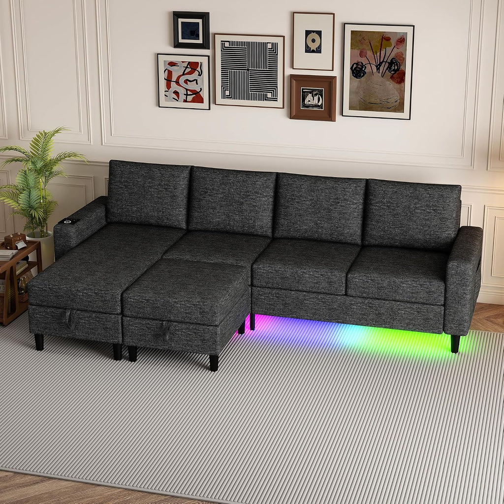 Sectional Couches for Living Room, 4 Seat Sectional Sofa with Smart Module-Wireless Charging/USB/Type-C/RGB Light, U Shaped Couch with Reversible Chaise Lounge/Storage Ottoman (Charcoal Grey)