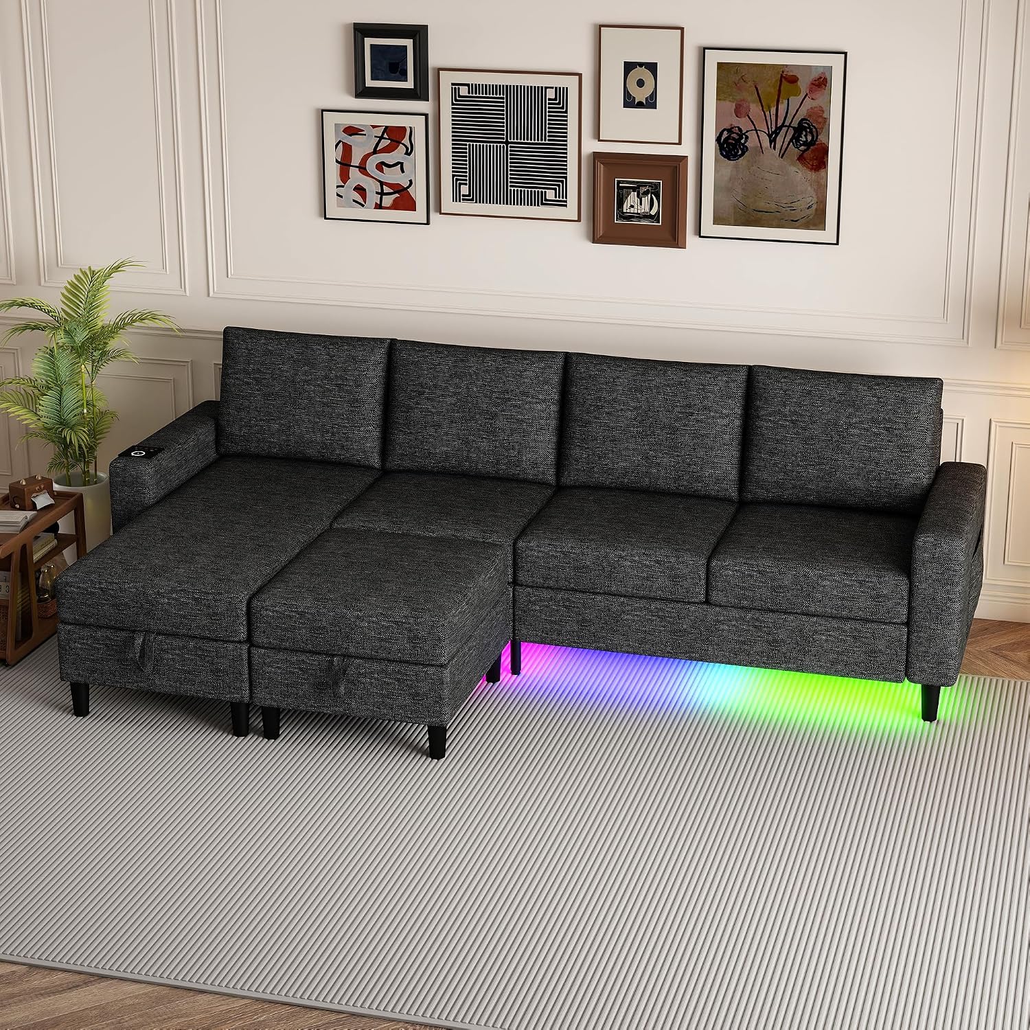 Sectional Couches for Living Room, 4 Seat Sectional Sofa with Smart Module-Wireless Charging/USB/Type-C/RGB Light, U Shaped Couch with Reversible Chaise Lounge/Storage Ottoman (Charcoal Grey)