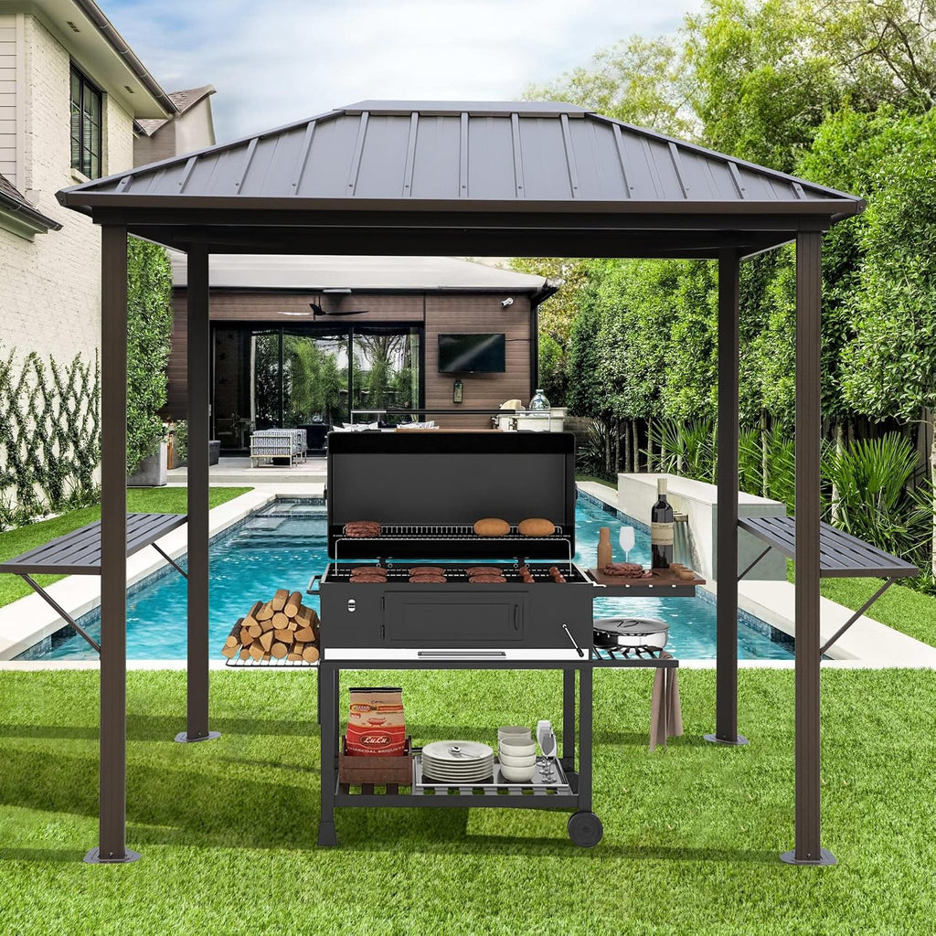 Grill Hardtop Gazebo 6x8 FT Outdoor Metal Hard Top Gazebo, Pent BBQ Gazebo with Galvanized Steel,Aluminum ed Pavilion with Shelves for Patio Backyard Lawn Garden, Patio, Backyard Single Roof
