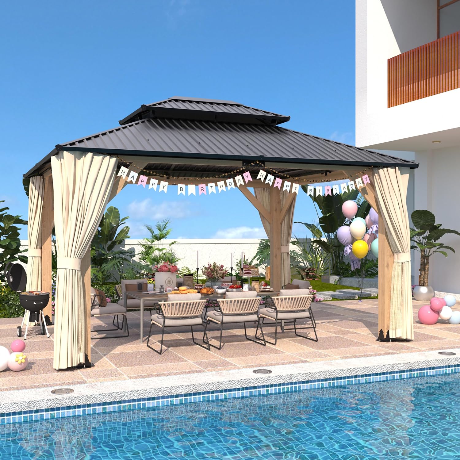 LVUYOYO 11' x 13' Wood Gazebo, Outdoor Hardtop Gazebo, Double Galvanized Steel Roof Gazebos Pergola with Curtains and Nettings, Wooden Pavilion for Patio, Backyard, Deck, Garden