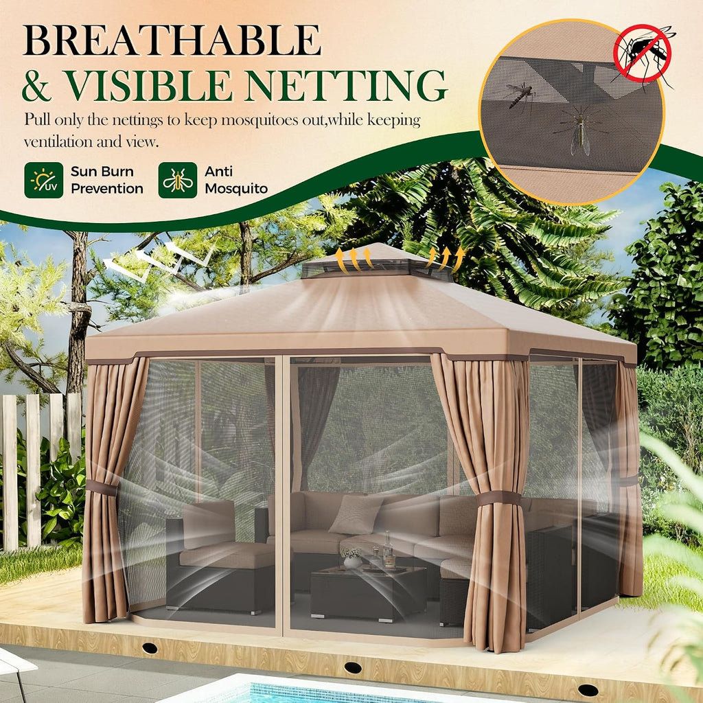 Incbruce Outdoor 10x10 FT Garden Gazebo, Steel Vented Double Roof Patios Canopy, Outside Gazebo with Mosquito Netting for Backyard, Lawns, Party (Brown)