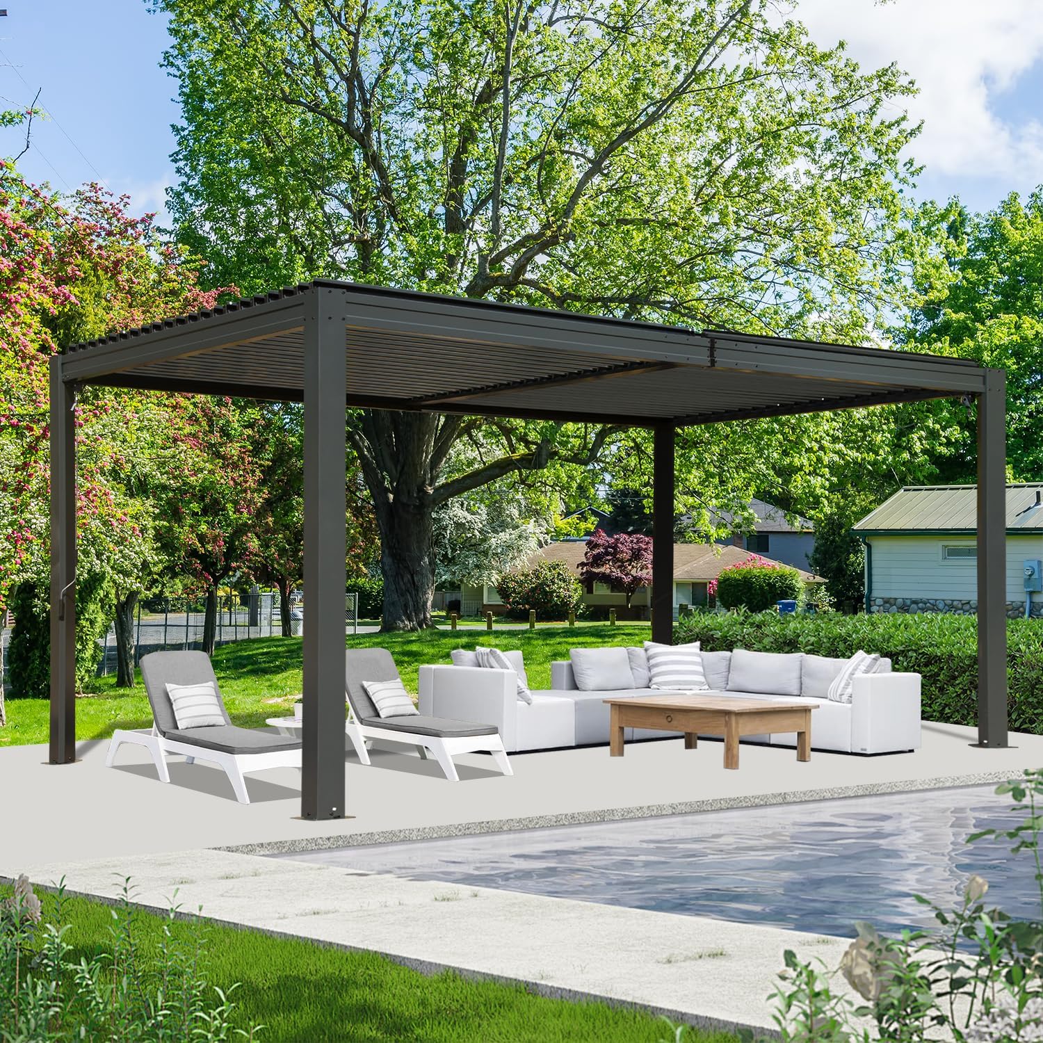 Domi Louvered Pergola 10×16 FT, Outdoor Aluminum Pergola with Adjustable Rainproof Roof and Drainage System, Metal Pergola Gazebo for Patio, Deck, Backyard, Grey