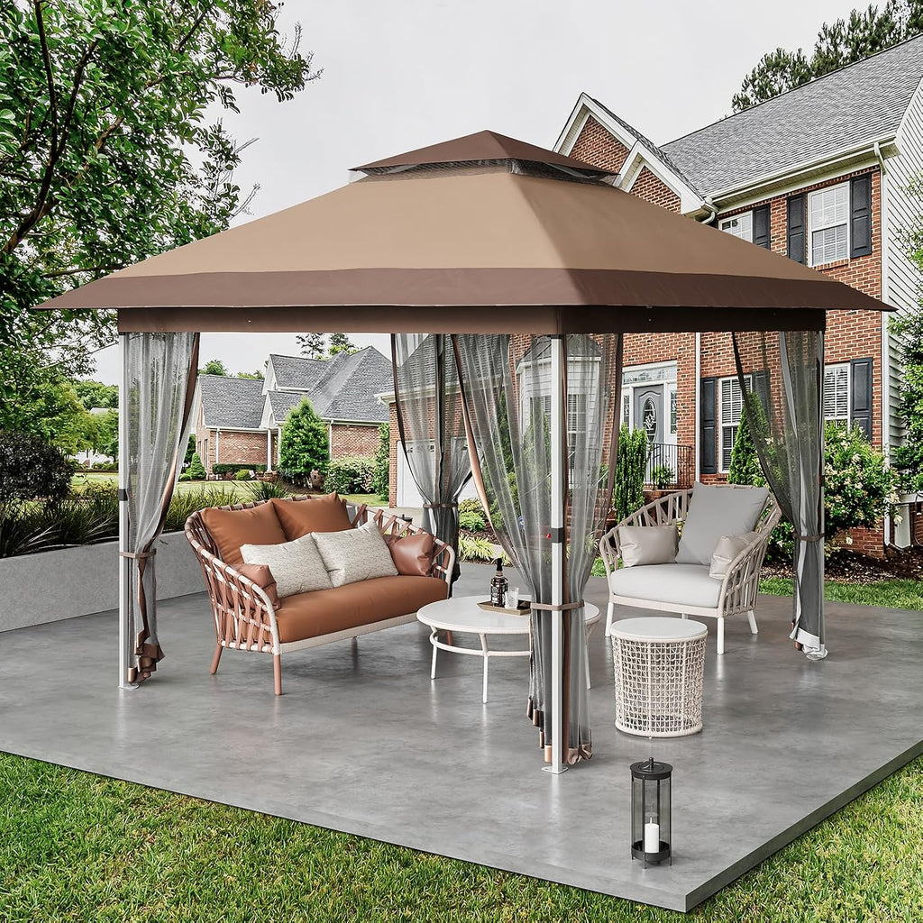 GarveeLife 11 ft x11 ft Gazebo Outdoor Pop up Canopy Tent with Curtains and 121 Square Shelter for Patio,Backyard Party, with Mosquito Netting, 2-Tiered Vented Top, Khaki