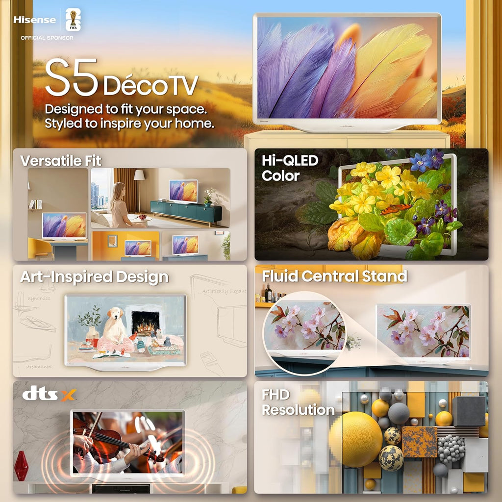 Hisense 32-Inch S5 DécoTV Series Hi-QLED FHD Smart Fire TV (32S5QF, 2025 Model) - Versatile Fit, Hi-QLED Color, Art-Inspired Design, Fluid Central Stand, DTS Virtual: X, Stream Live TV Without Cable