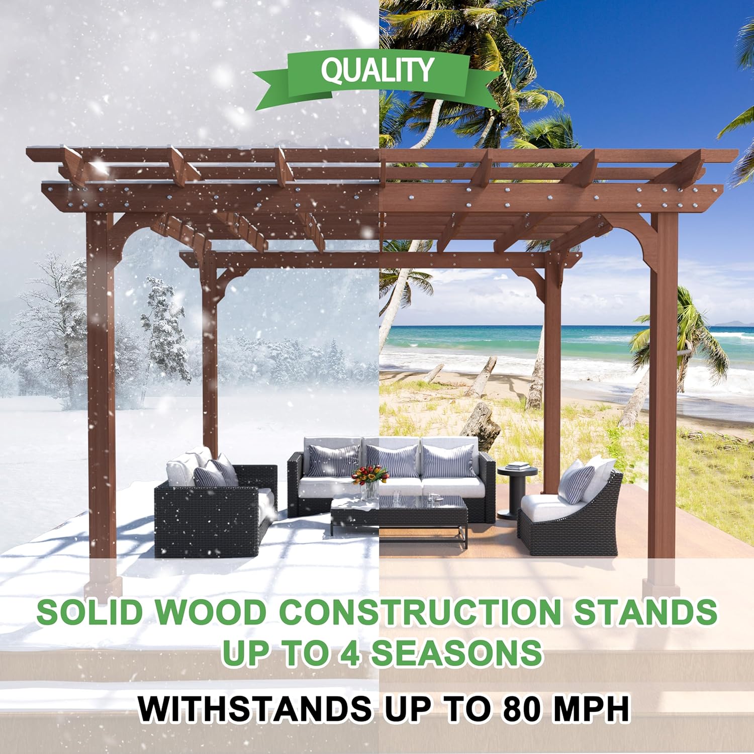 BlueWish 12'x12' Pergola with Solid Cedar Wood Frame, Patio Wood Gazebo Backyard Gazebo Pergola Kits with Slatted Roof Trellis & Stakes for Deck Yard Grill Party Garden