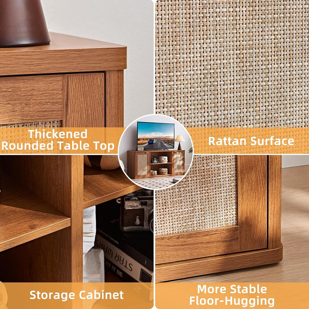 LEYAOYAO Rattan TV Stands for Living Room, Boho TV Cabinet with Storage and Open Shelf, Rustic Wood Entertainment Center, Media Console for 50-65 Inch TV, Tea Brown
