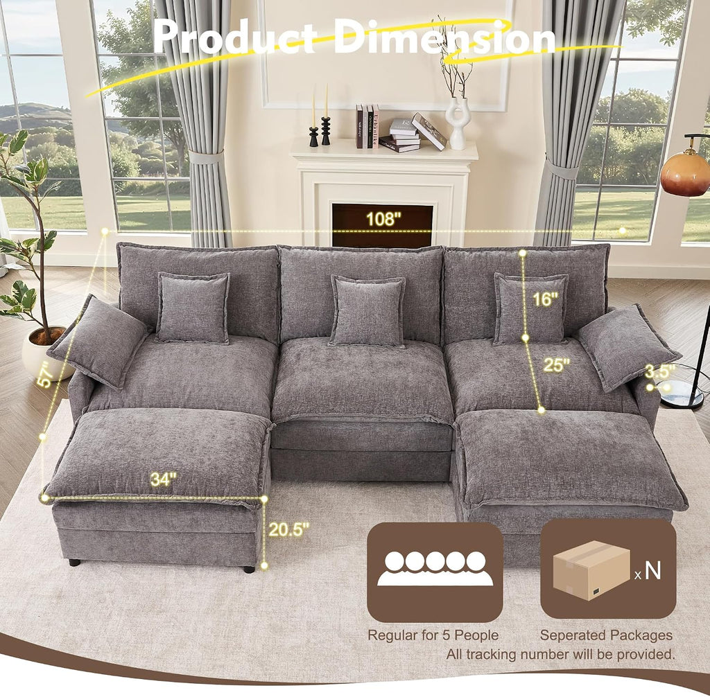 GOSUHI 108' U Shaped Couch, Modular Sectional Sofa, 3-Seater Comfy Cloud Couch, Set of Modular Pieces with Movable Ottoman, Deep Seat Couches for Living Room, Chenille, Slate