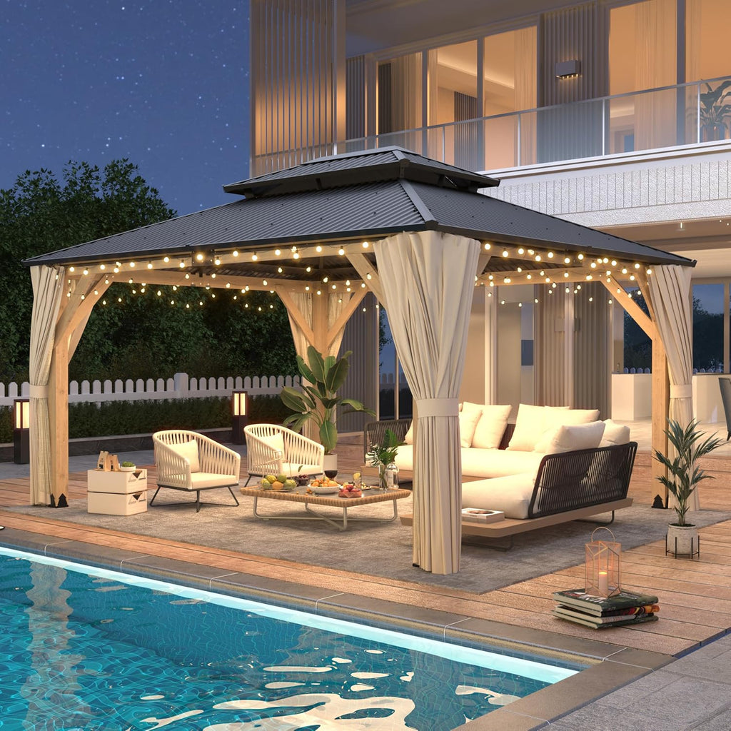 LVUYOYO 13' x 15' Wood Gazebo, Outdoor Hardtop Gazebo, Double Galvanized Steel Roof Gazebos Pergola with Curtains and Nettings, Wooden Pavilion for Patio, Backyard, Deck, Garden