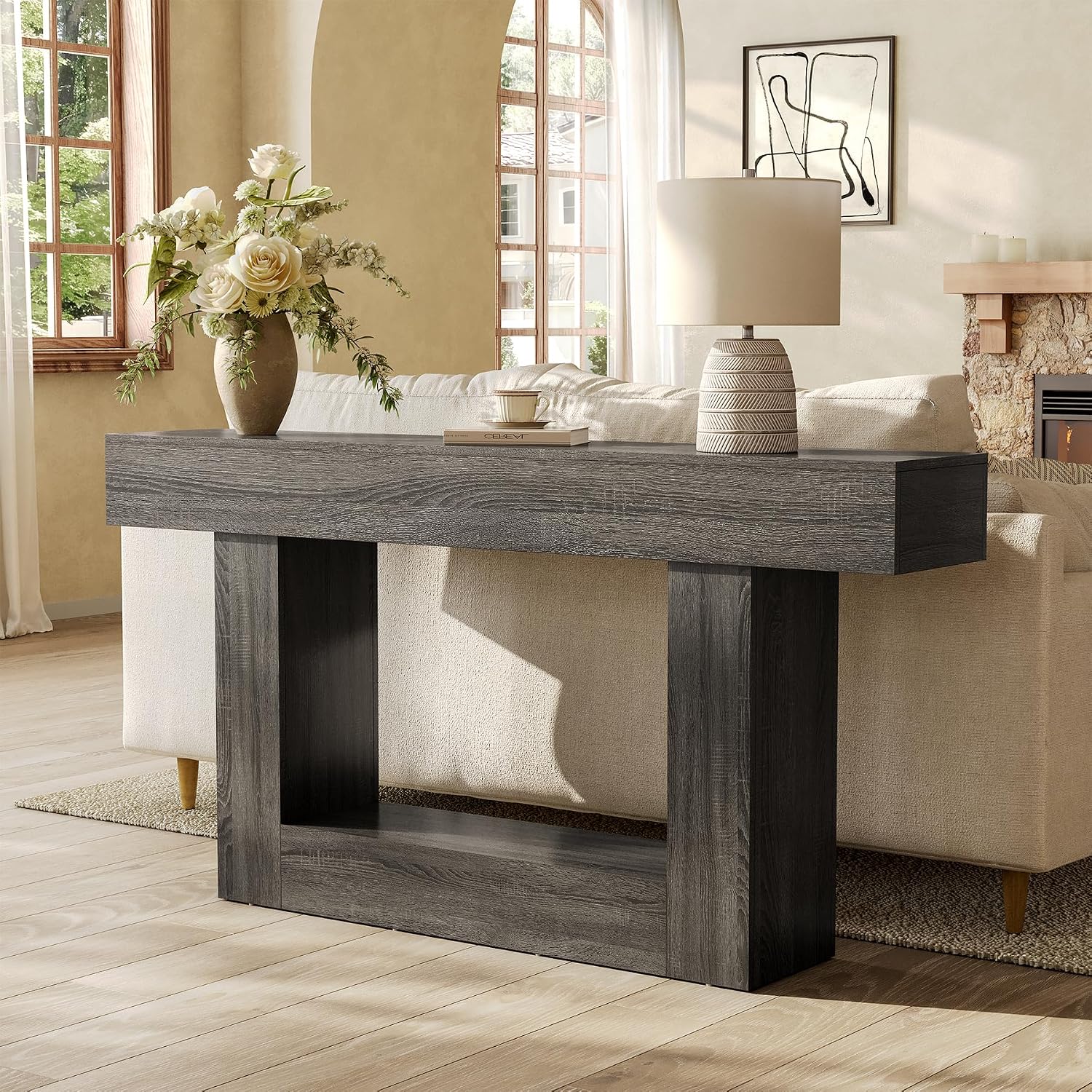 LITTLE TREE 63 Inches Long Console Table, 2-Tier Farmhouse Sofa Table Behind Couch, Large Narrow Entryway Table for Living Room, Wooden Hallway Foyer Table with Heavy Duty Base, Grey