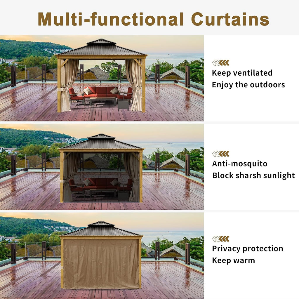 12x12ft Hardtop Gazebo, Wooden Finish Coated Aluminum Frame Canopy with Galvanized Steel Double Roof, Outdoor Permanent Metal Pavilion with Curtains & Netting for Garden, Brown (Wooden 12x12 Ft)